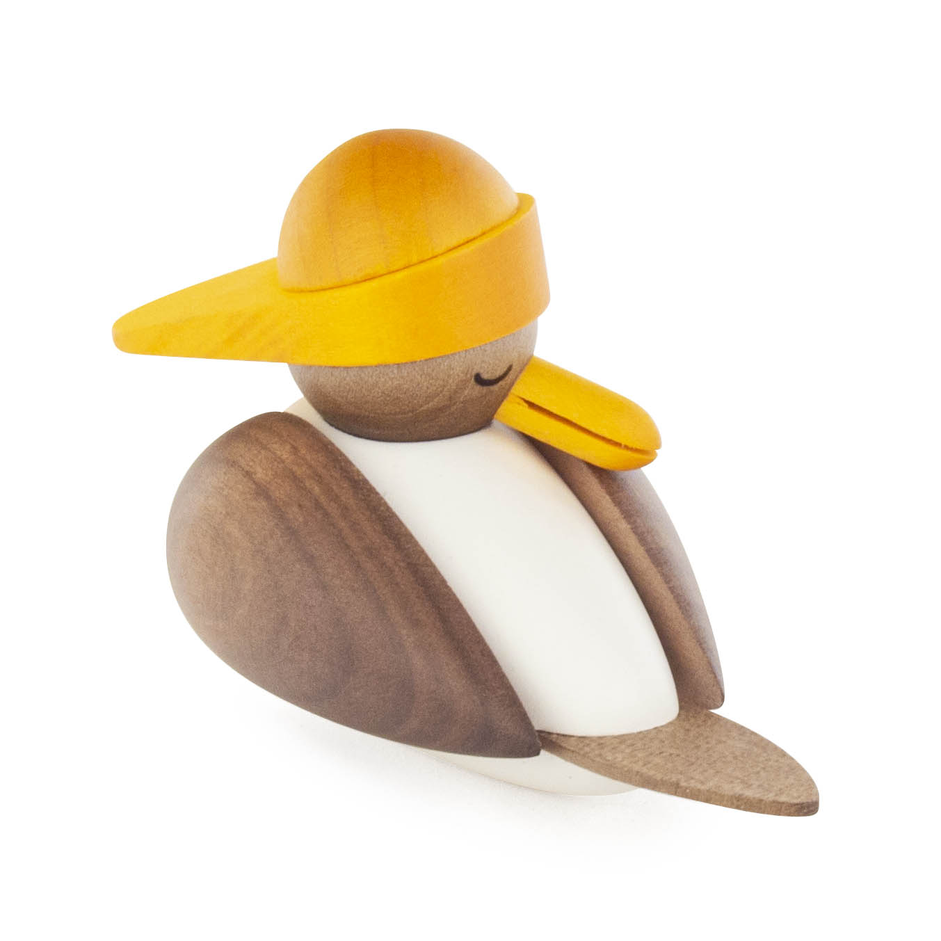 Holzfigur einer schlafenden Sturmmöwe mit gelbem Südwesterhut und fast geschlossenem Schnabel. im Dregeno Online Shop günstig kaufen