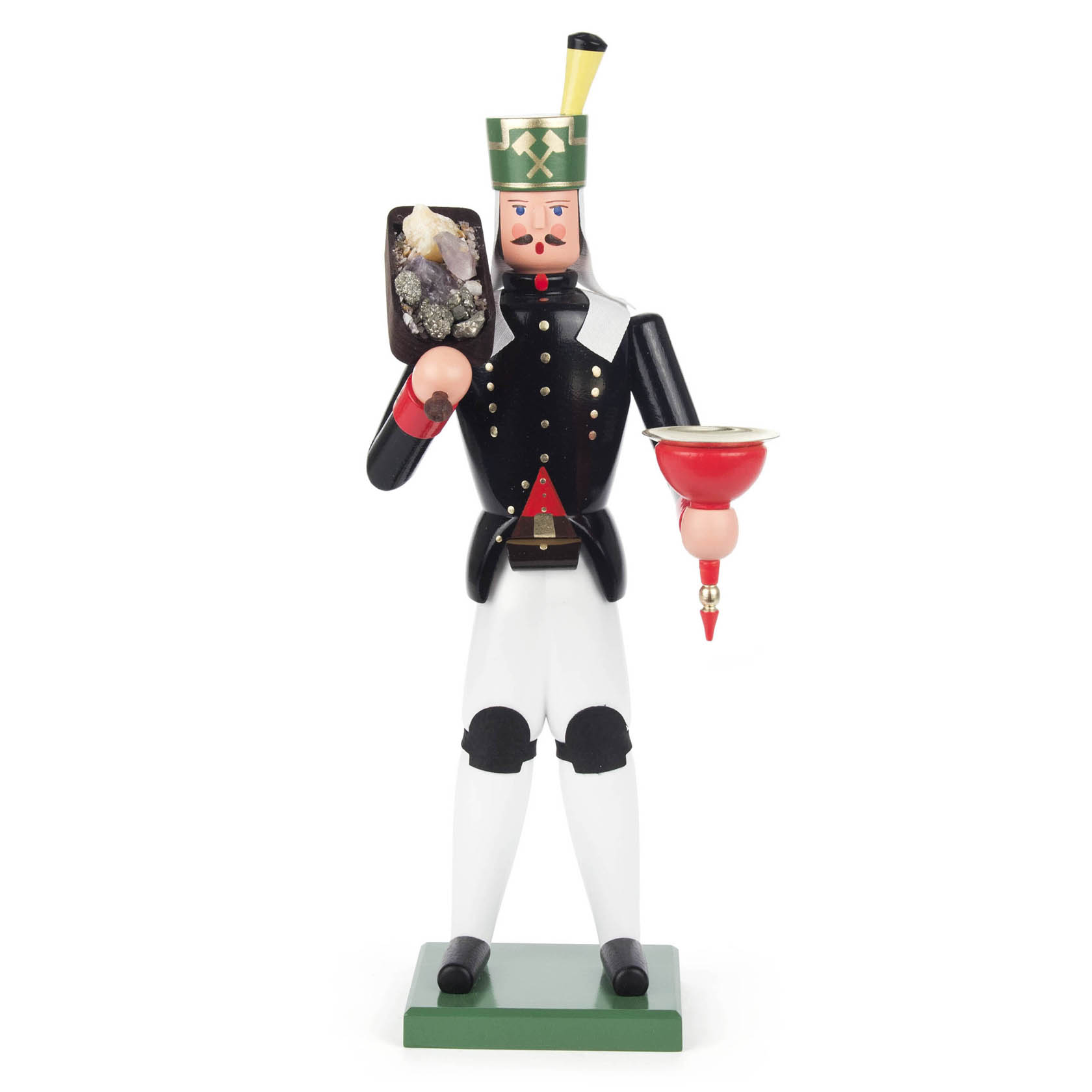 Holzfigur eines Bergmanns in traditioneller Tracht mit Erz in der einen Hand und einem Kerzenhalter in der anderen Hand, geeignet für Kerzen mit 14mm Durchmesser. im Dregeno Online Shop günstig kaufen