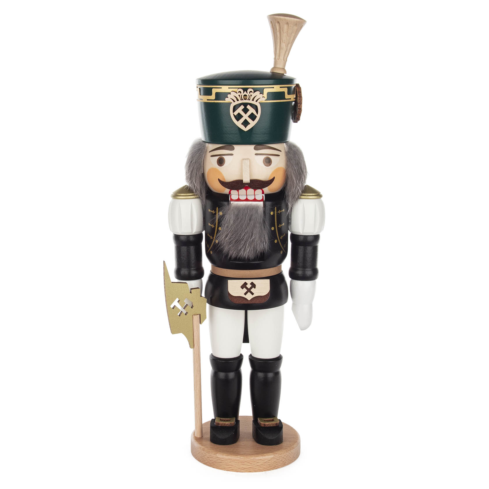 A traditional Nutcracker figure dressed as a miner, wearing a green hat, black uniform, and holding a decorative axe. im Dregeno Online Shop günstig kaufen