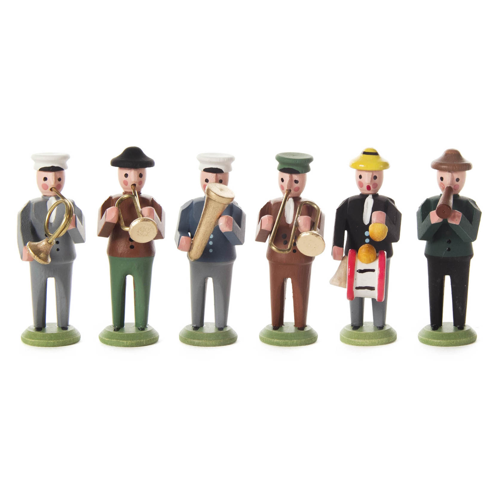 Sechs handgeschnitzte Holzfiguren einer Musikkapelle, jede mit einem Instrument: Horn, Trompete, Tuba, Posaune, Trommel und Klarinette. im Dregeno Online Shop günstig kaufen