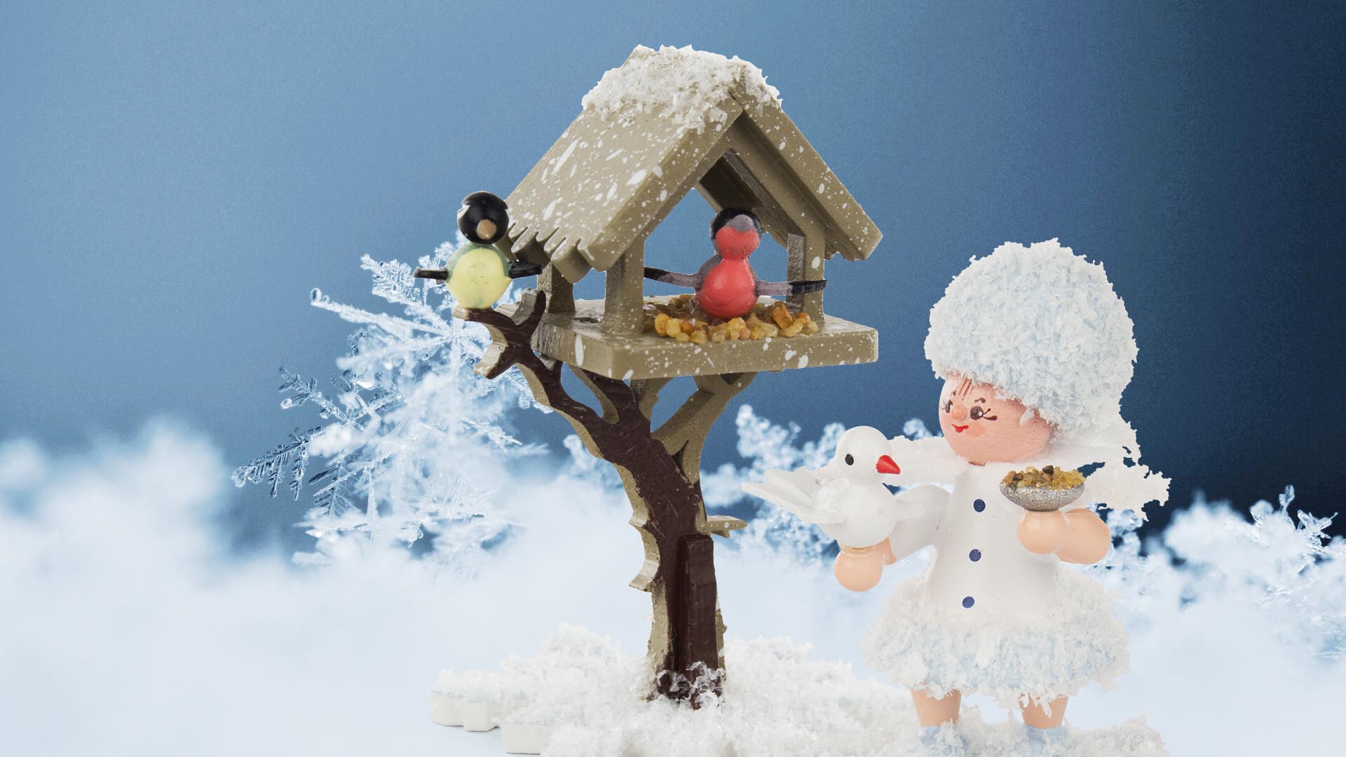 Schneeflöckchen mit Tauben und Vogelhaus