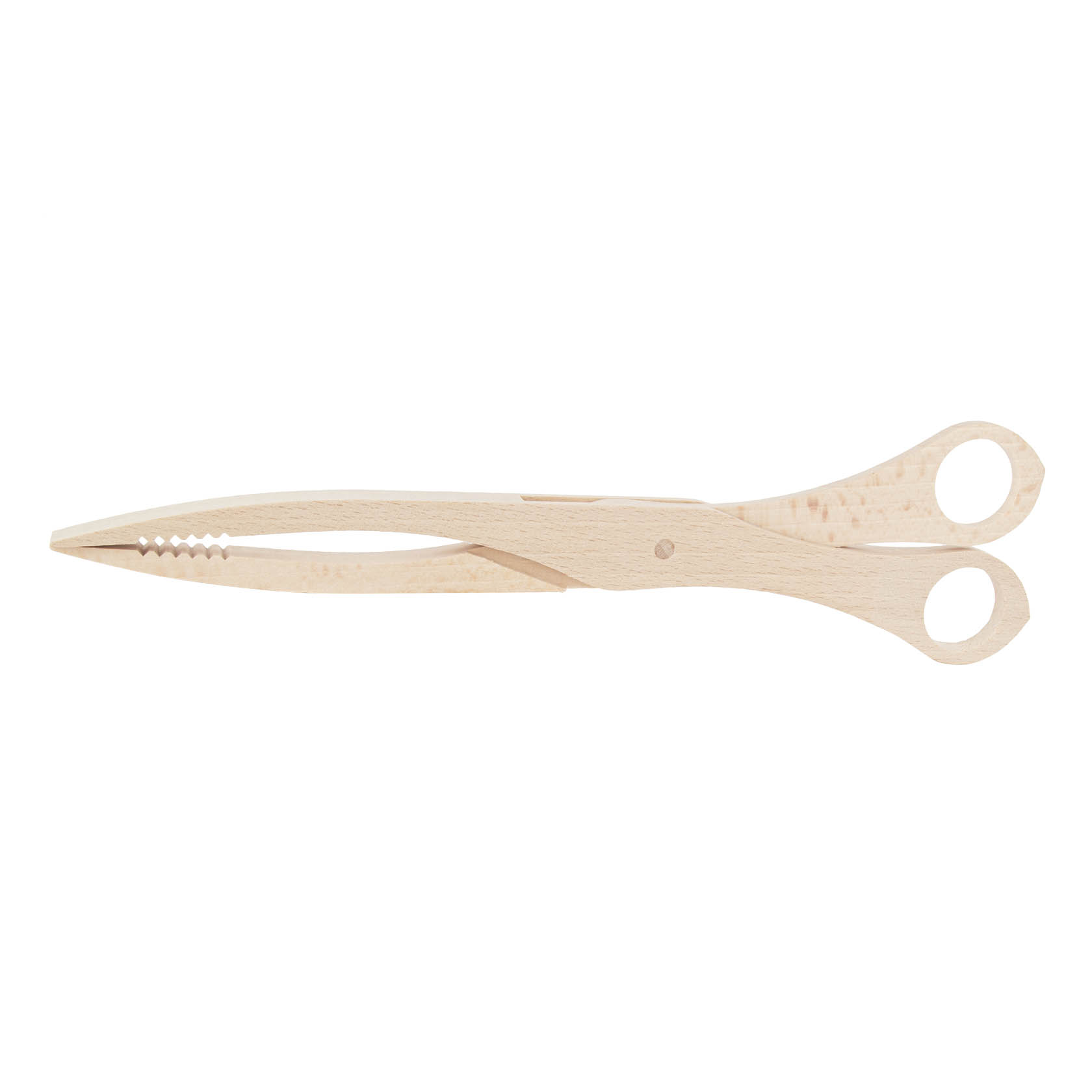 Eine 28 cm lange Schere aus Holz mit zwei runden Griffen und gezackten Schneiden. im Dregeno Online Shop günstig kaufen