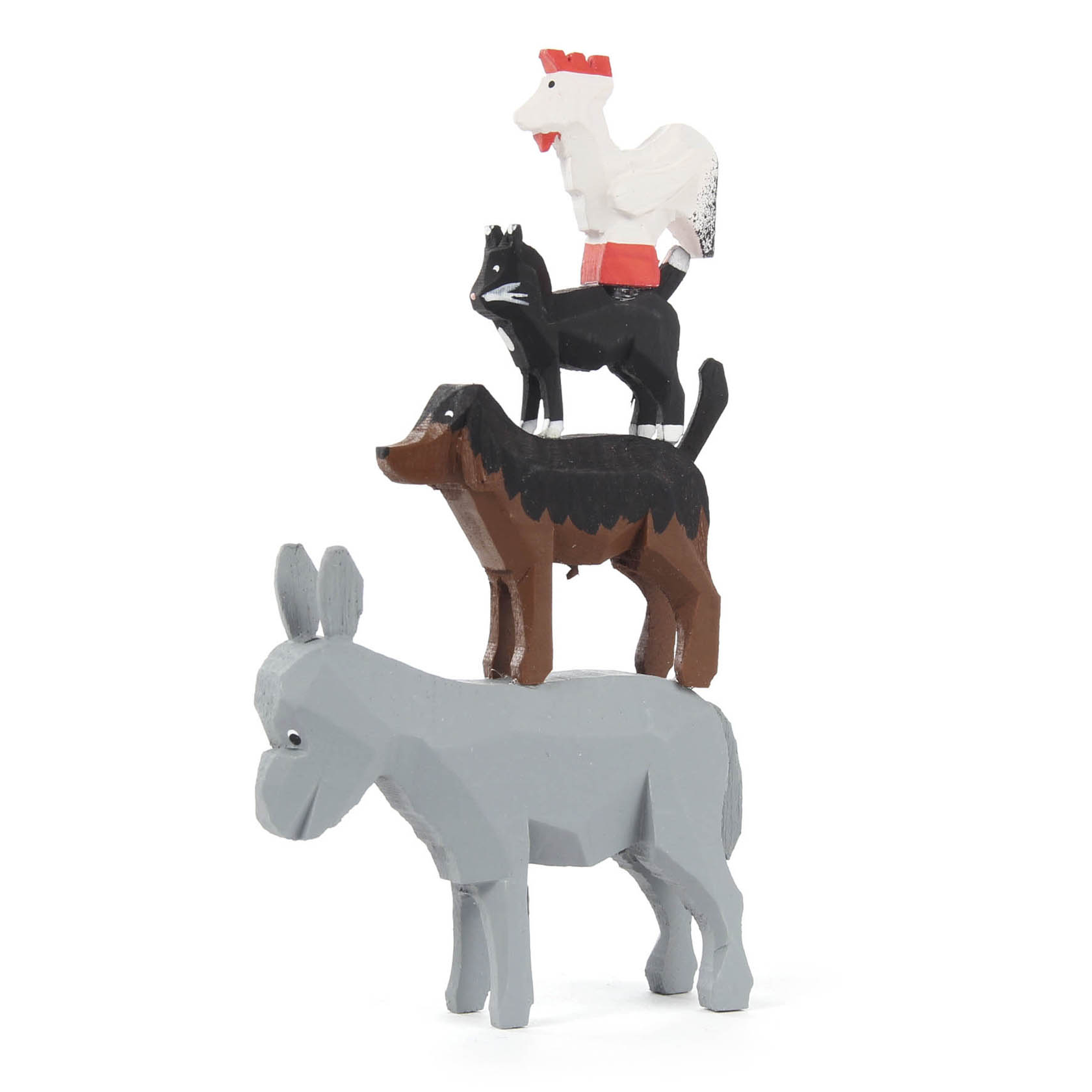 Holzfigur der Bremer Stadtmusikanten, bestehend aus einem Esel, auf dem ein Hund steht, darauf eine Katze und ganz oben ein Hahn. im Dregeno Online Shop günstig kaufen