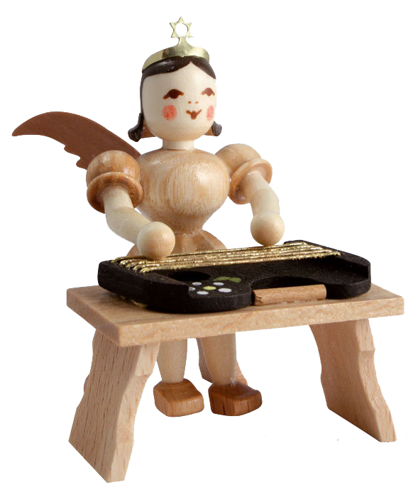 Holzengel mit goldener Krone, sitzend mit einer Zither auf einem Tisch, naturbelassen und handbemalt mit roten Wangen. im Dregeno Online Shop günstig kaufen