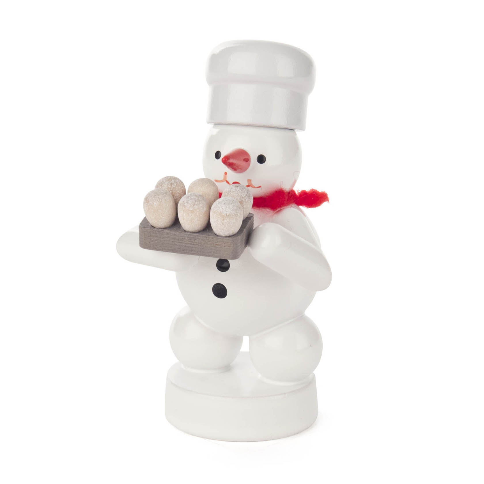 Figur eines weißen Schneemanns mit schwarzem Knopf, rotem Schal und Kochmütze, der ein Tablett mit sechs Eiern aus Holz trägt. im Dregeno Online Shop günstig kaufen