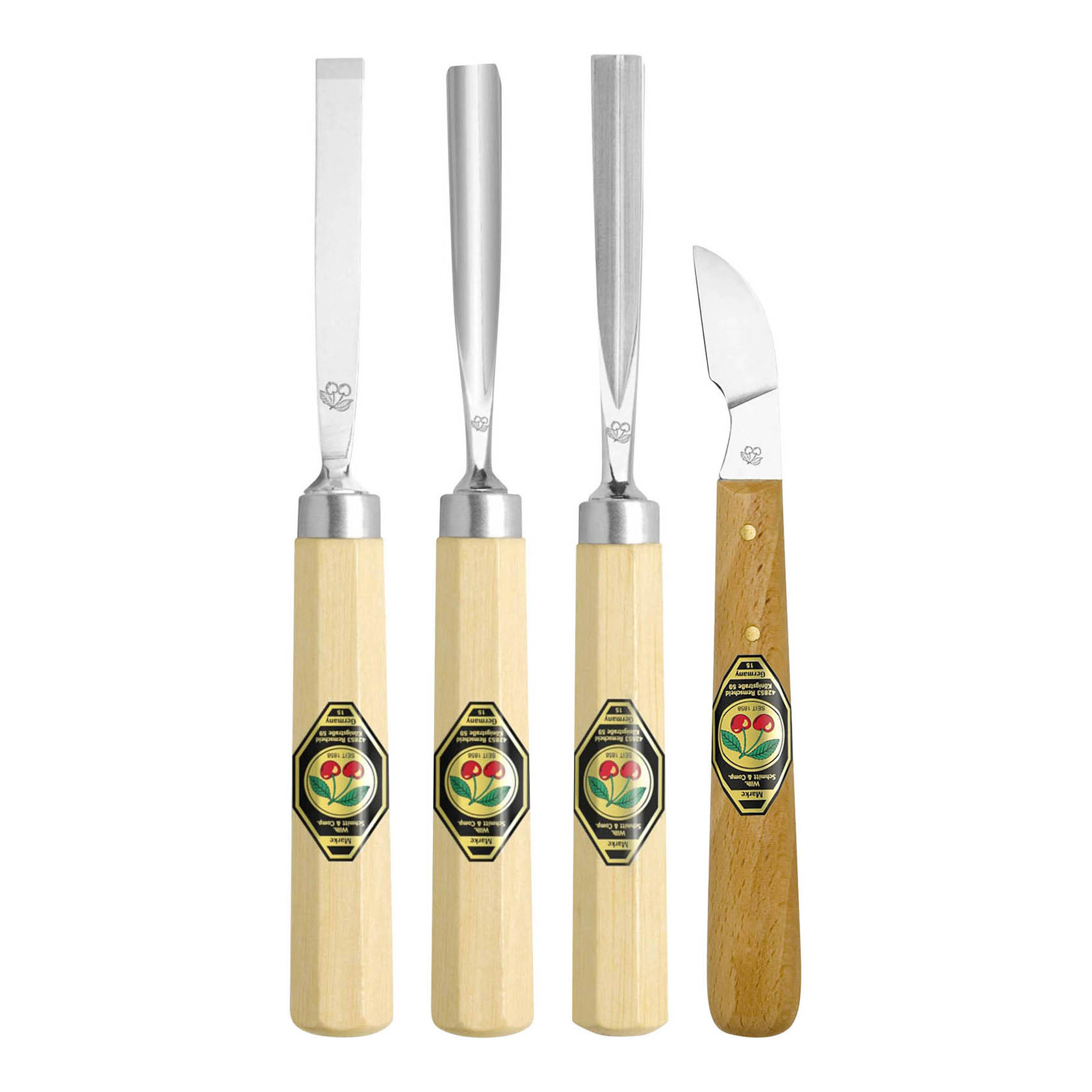 Vierteiliger Satz Schnitzwerkzeuge: Drei Beitel in den Größen 6mm, 8mm, 8mm und ein Messer mit langer, schräger Schneide, alle mit Holzgriffen. im Dregeno Online Shop günstig kaufen