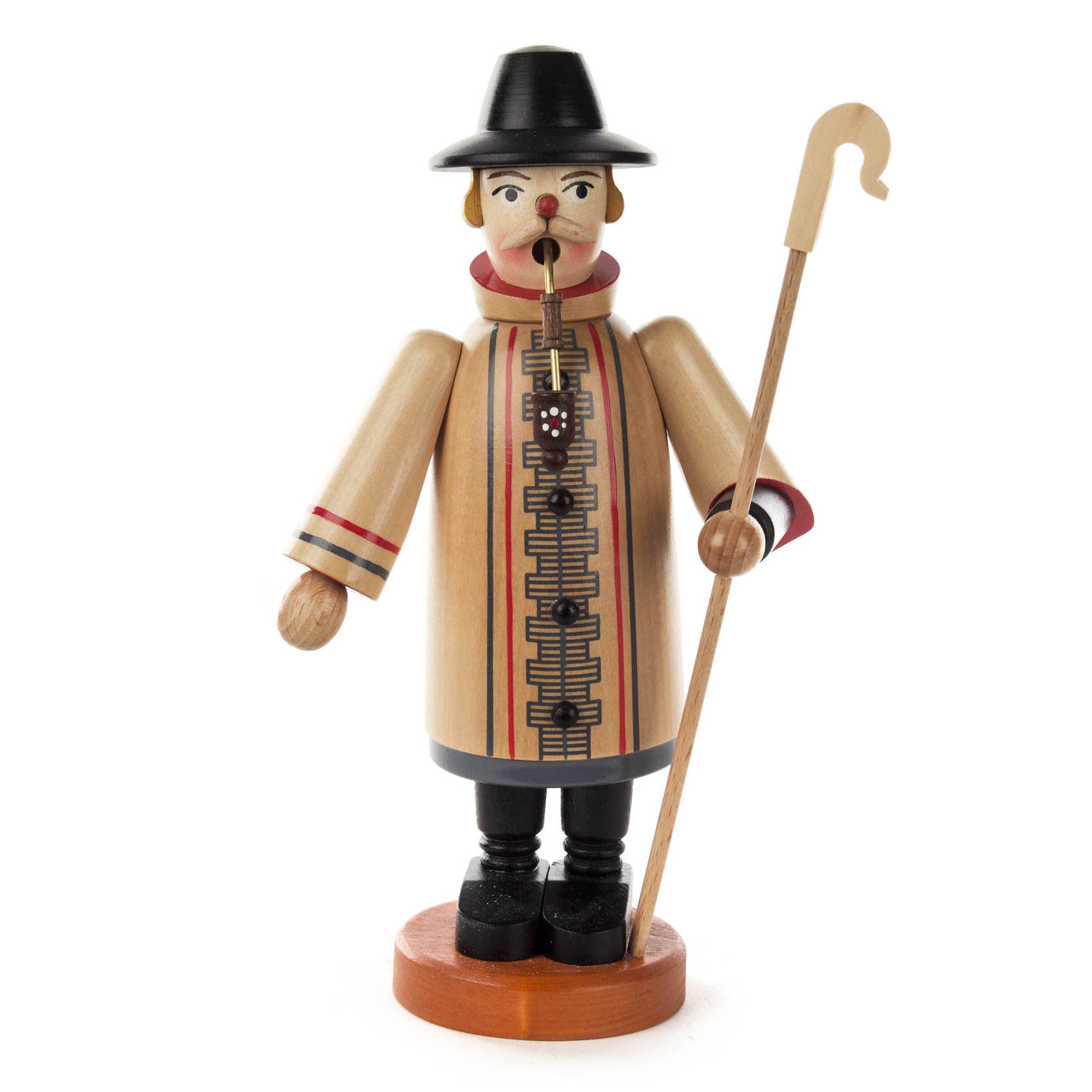 Holzfigur eines Schäfers mit Pfeife, schwarzem Hut und Stock, trägt einen langen Mantel mit Verzierungen, steht auf einem runden Holzsockel. im Dregeno Online Shop günstig kaufen