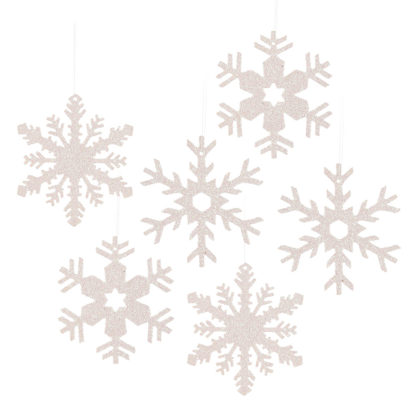 Six white decorative snowflake ornaments arranged in a random pattern, each with intricate cut-out designs. im Dregeno Online Shop günstig kaufen