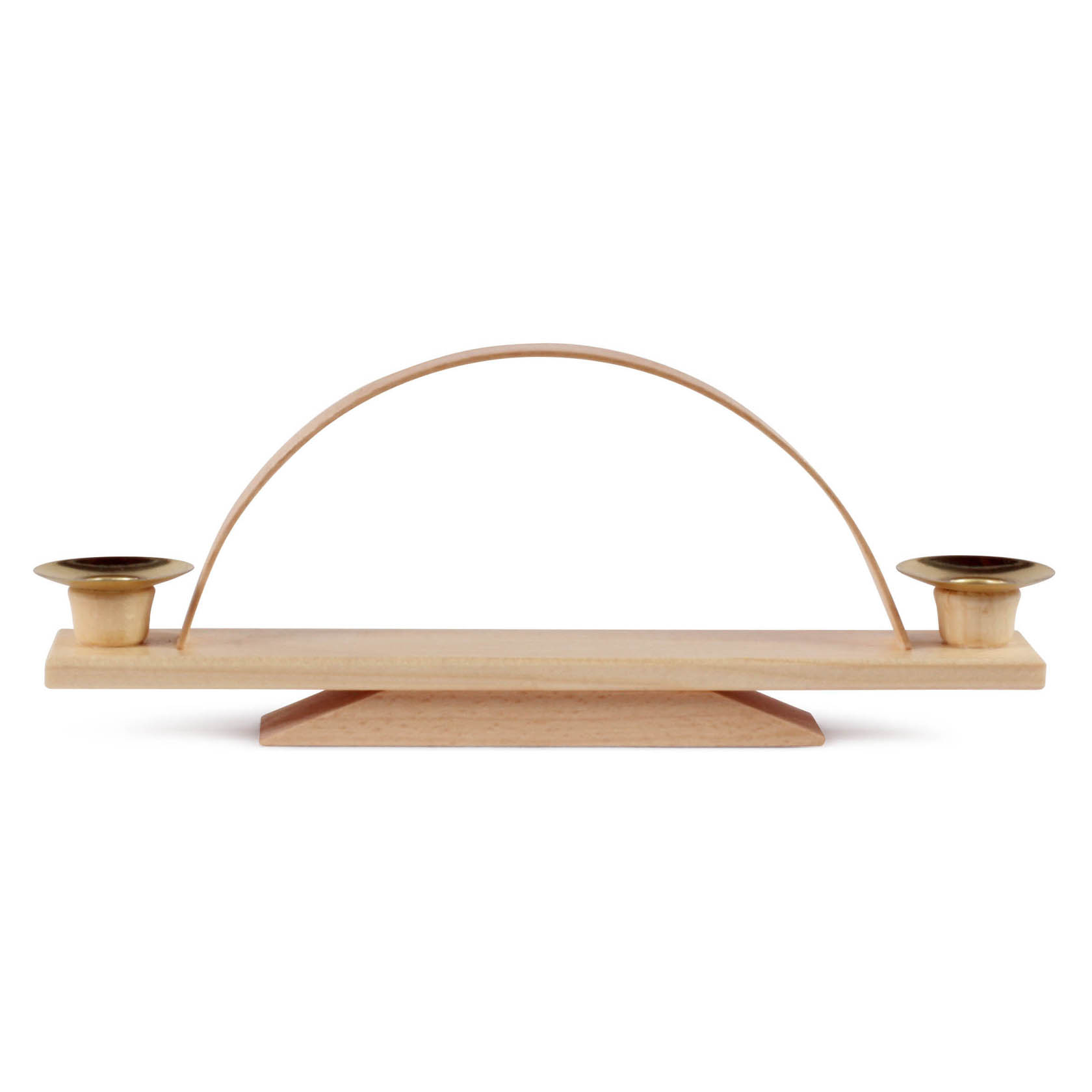 Holz-Schwibbogen in naturbelassenem Design mit zwei Kerzenhaltern für Pyramidenkerzen, elegant geschwungener Bogen oben. im Dregeno Online Shop günstig kaufen