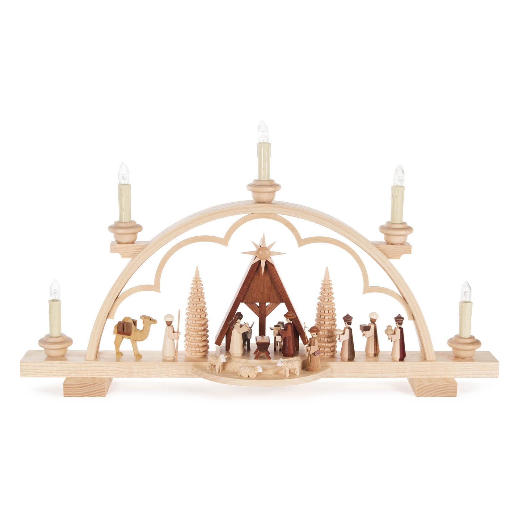 Elektrisch beleuchteter Schwibbogen zeigt die Szene der Geburt Christi mit Figuren der Heiligen Familie, Königen und einem Kamel. im Dregeno Online Shop günstig kaufen