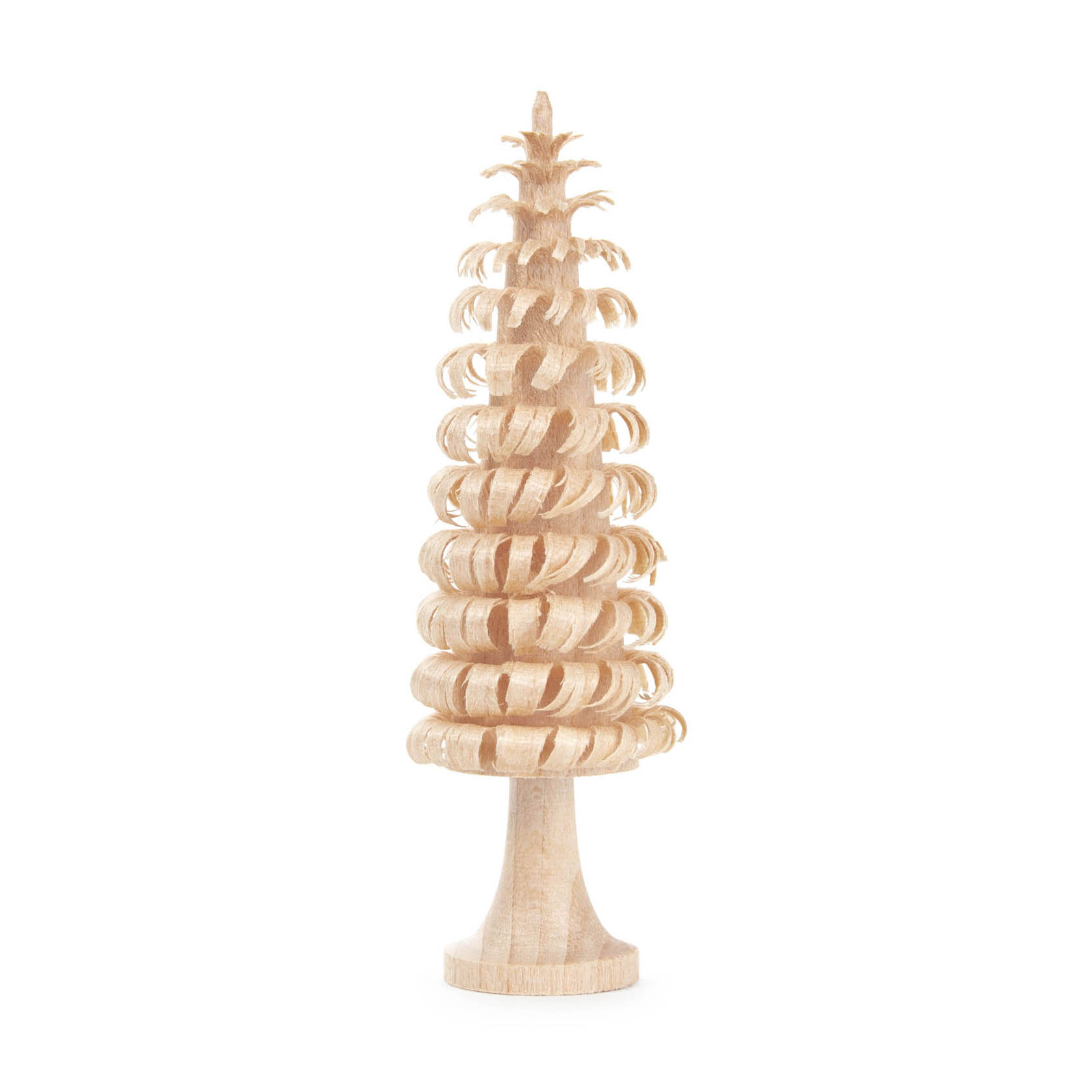 Ein kleiner, 8 cm hoher Ringelbaum aus naturbelassenem Holz mit mehreren spiralförmigen Ebenen oben und einem runden Stamm unten. im Dregeno Online Shop günstig kaufen
