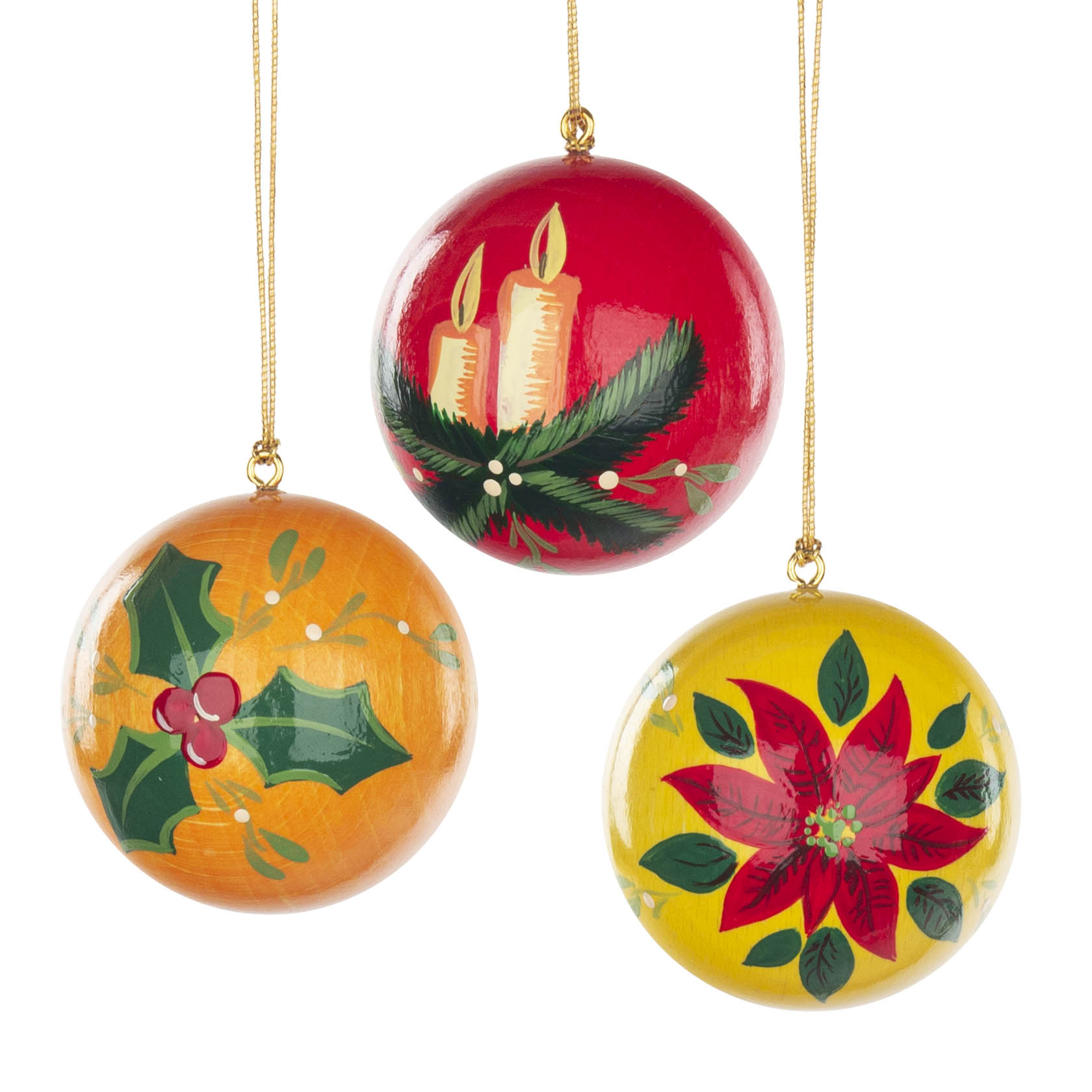 Drei Weihnachtsbaumkugeln in Rot, Gelb und Orange mit Motiven: zwei Kerzen mit Tannenzweigen, Stechpalmenblätter und Beeren, roter Weihnachtsstern. im Dregeno Online Shop günstig kaufen