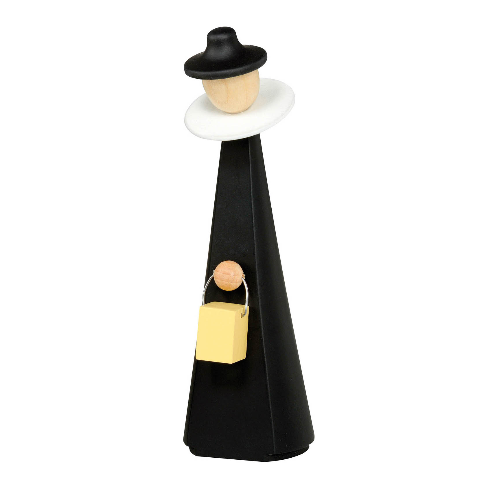 Schwarze Kurrendefigur, 11 cm hoch, mit einem weißen Halskragen, einem runden Kopf mit Hut und einem gelben rechteckigen Kasten an der Seite. im Dregeno Online Shop günstig kaufen