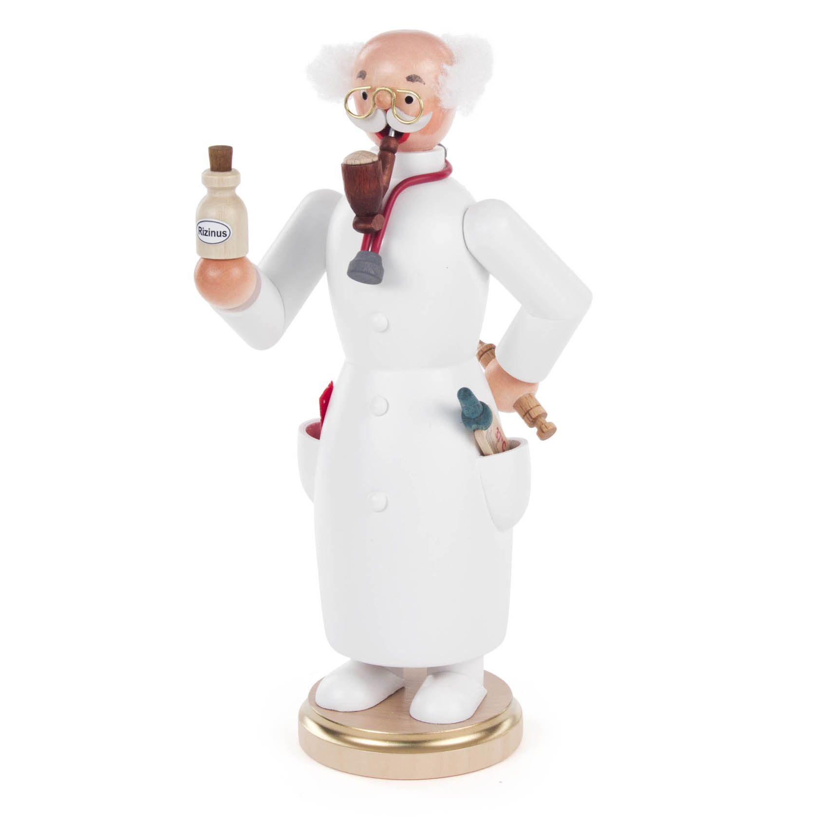 Räuchermann in Form eines Arztes mit weißem Kittel, Pfeife im Mund, Brille, Flasche in der Hand und verschiedenen Werkzeugen wie Stethoskop und Hammer. im Dregeno Online Shop günstig kaufen
