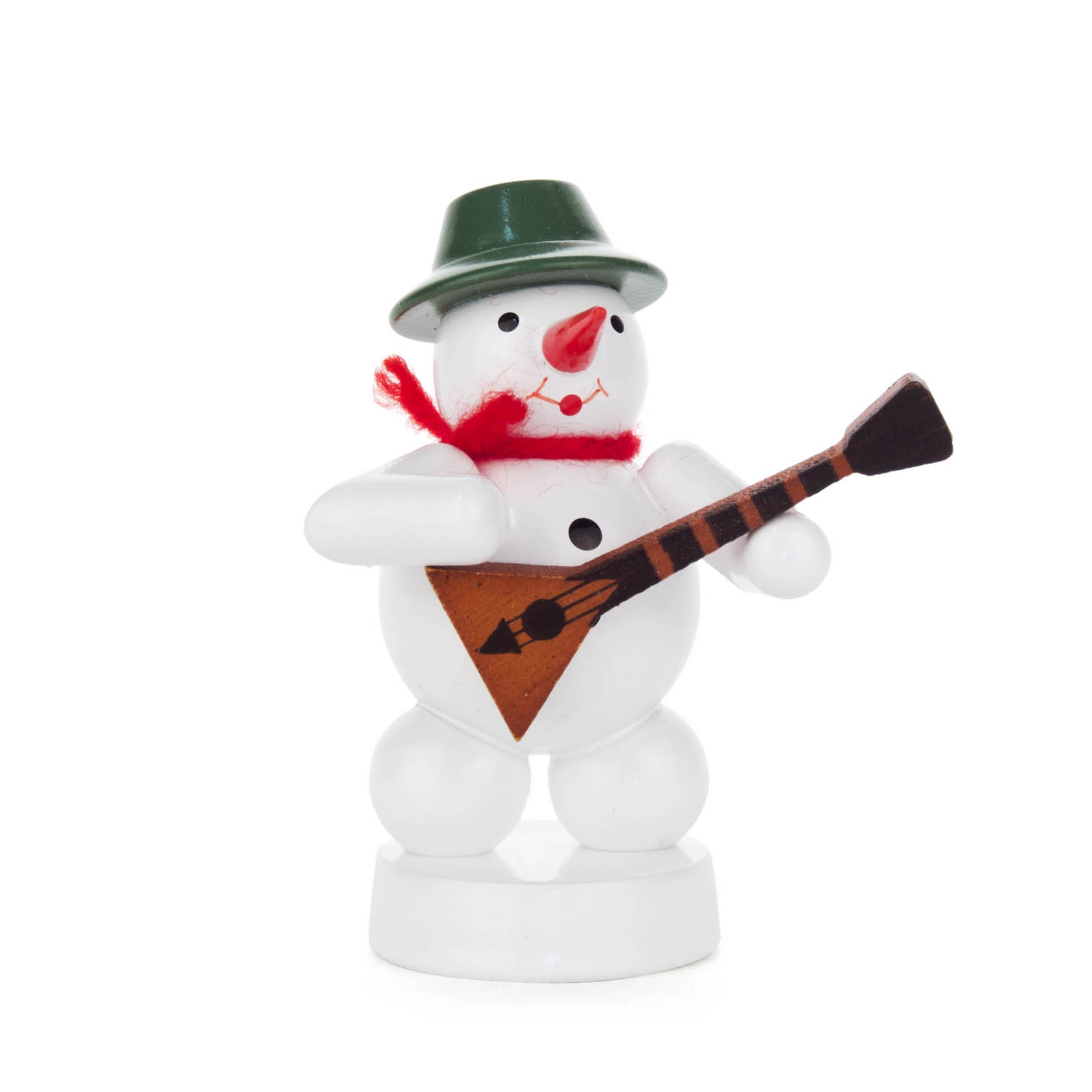 Holz-Schneemannfigur mit grünem Hut und rotem Schal hält eine Balalaika. im Dregeno Online Shop günstig kaufen