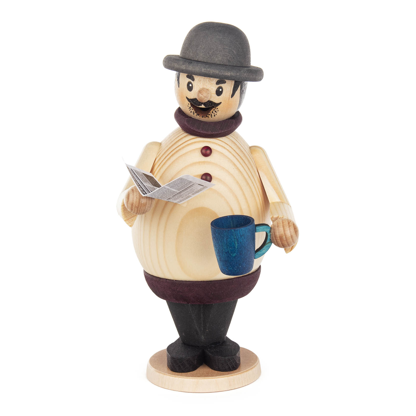 A wooden incense smoker figure depicting a man with a moustache reading a newspaper and holding a blue mug, wearing a bowler hat and dark clothes.