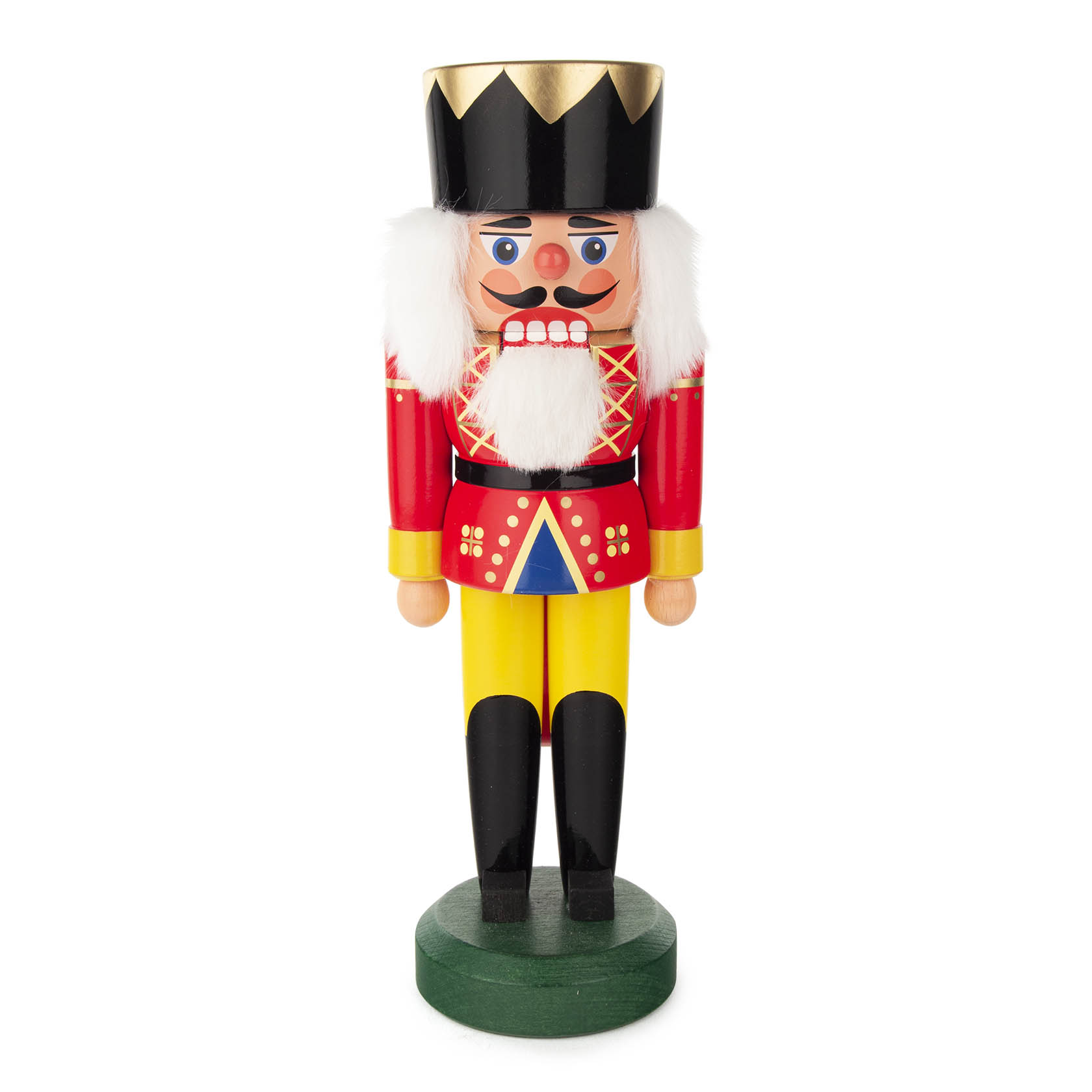 A 28 cm tall red and yellow nutcracker king with a black and gold crown, large white beard, and detailed painted uniform. im Dregeno Online Shop günstig kaufen