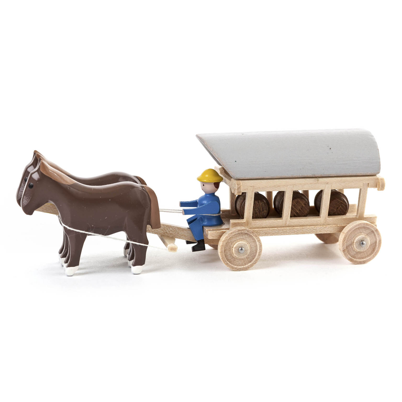 Zwei braune Pferde ziehen einen Planwagen mit offenem Dach, gelenkt von einer blauen Figur mit gelbem Hut. im Dregeno Online Shop günstig kaufen