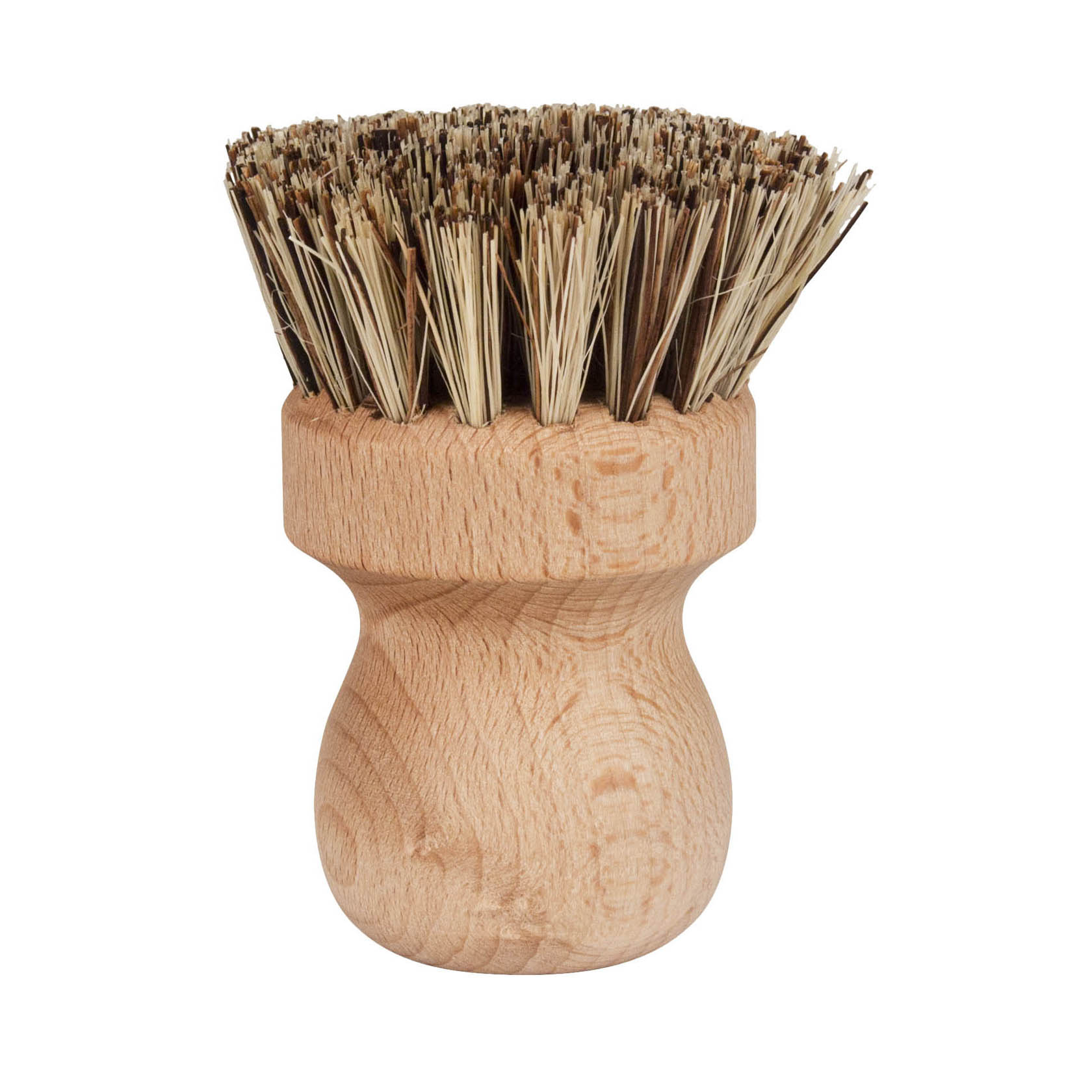 Runde Topfbürste mit kurzem Holzgriff und Borsten aus Naturfasern. im Dregeno Online Shop günstig kaufen