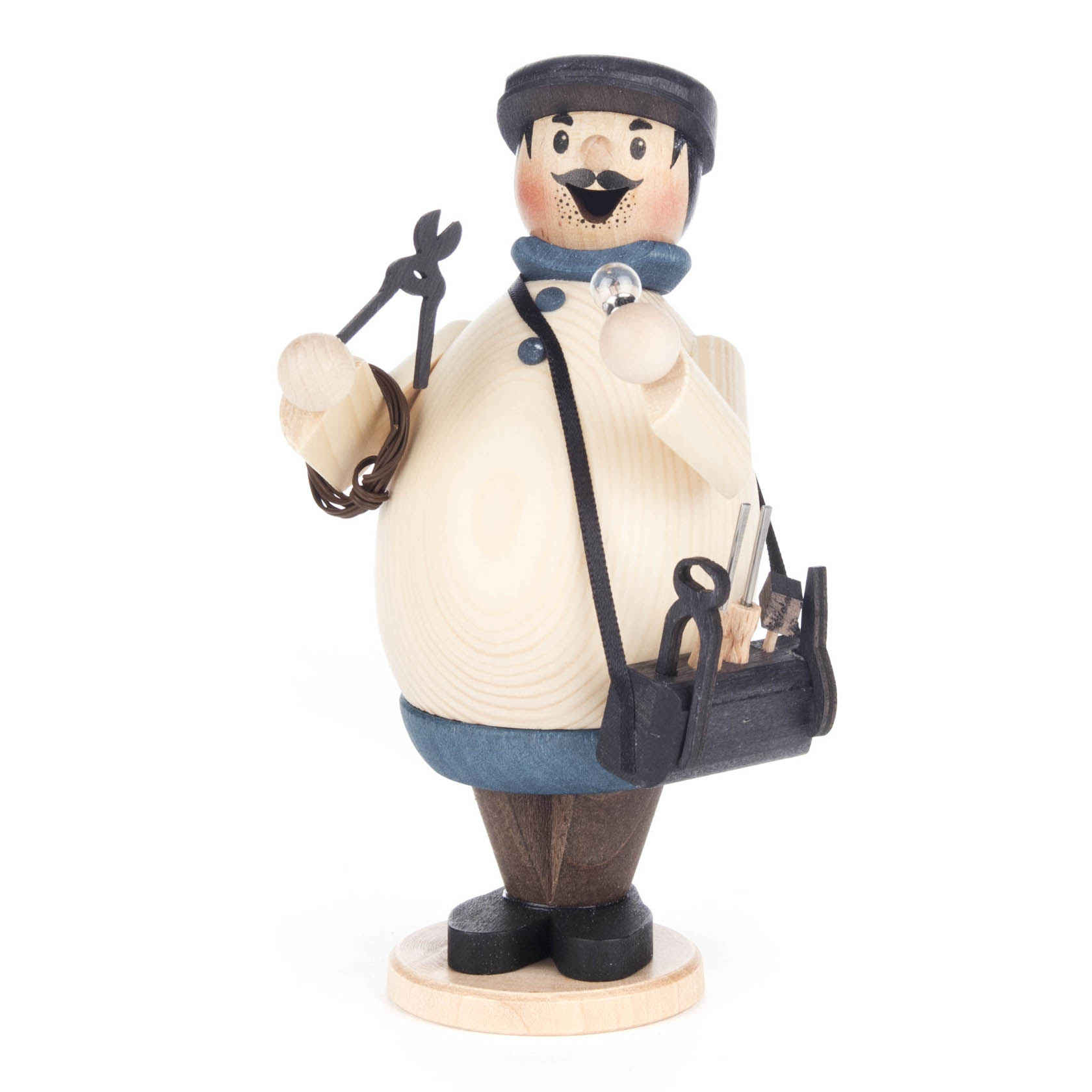 A wooden incense smoker figure of an electrician named Max, with a thick mustache, holding pliers and wearing a cap. He carries a toolbox with tools. im Dregeno Online Shop günstig kaufen