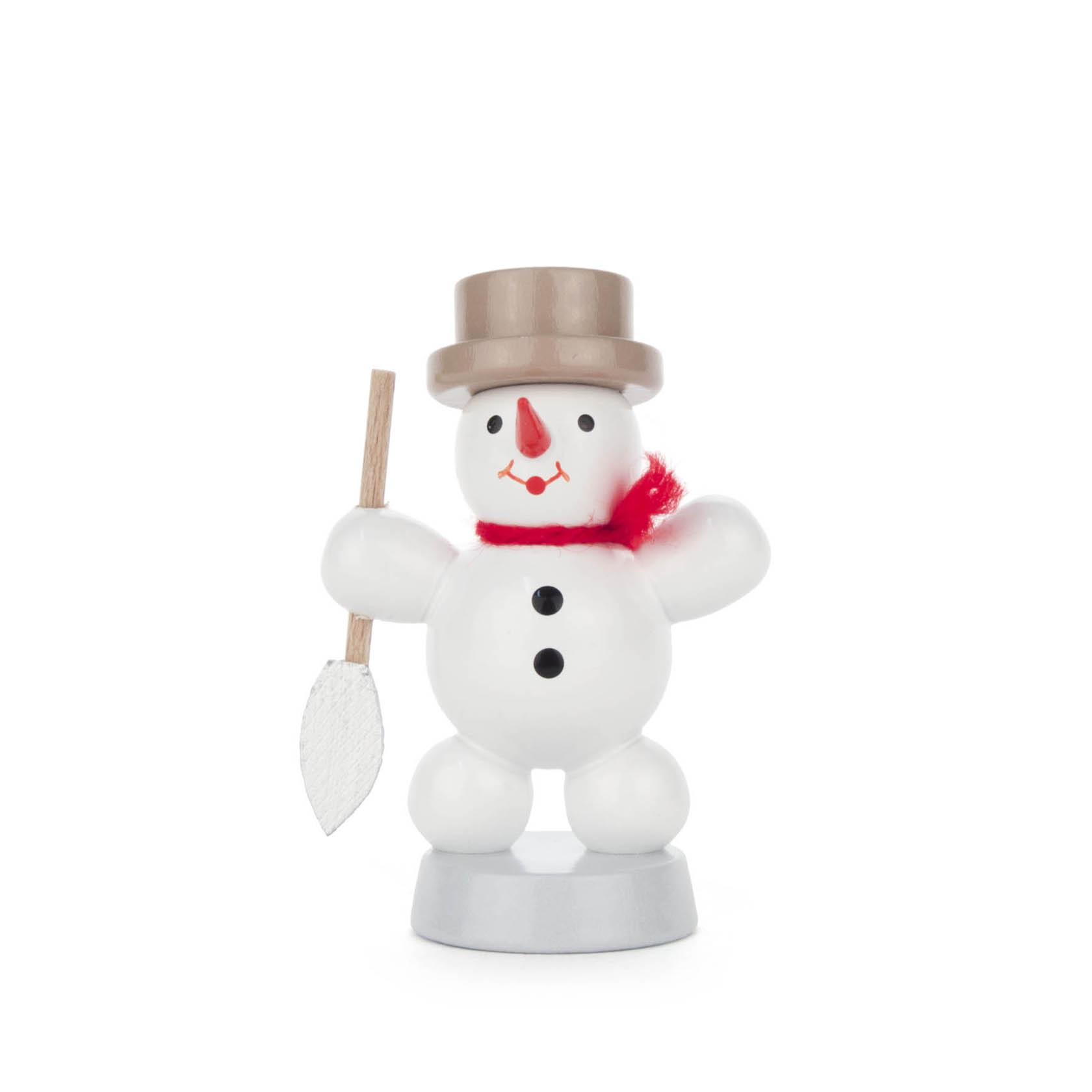 Kleiner Schneemann mit rotem Schal und grauem Hut, der einen Spaten hält. im Dregeno Online Shop günstig kaufen