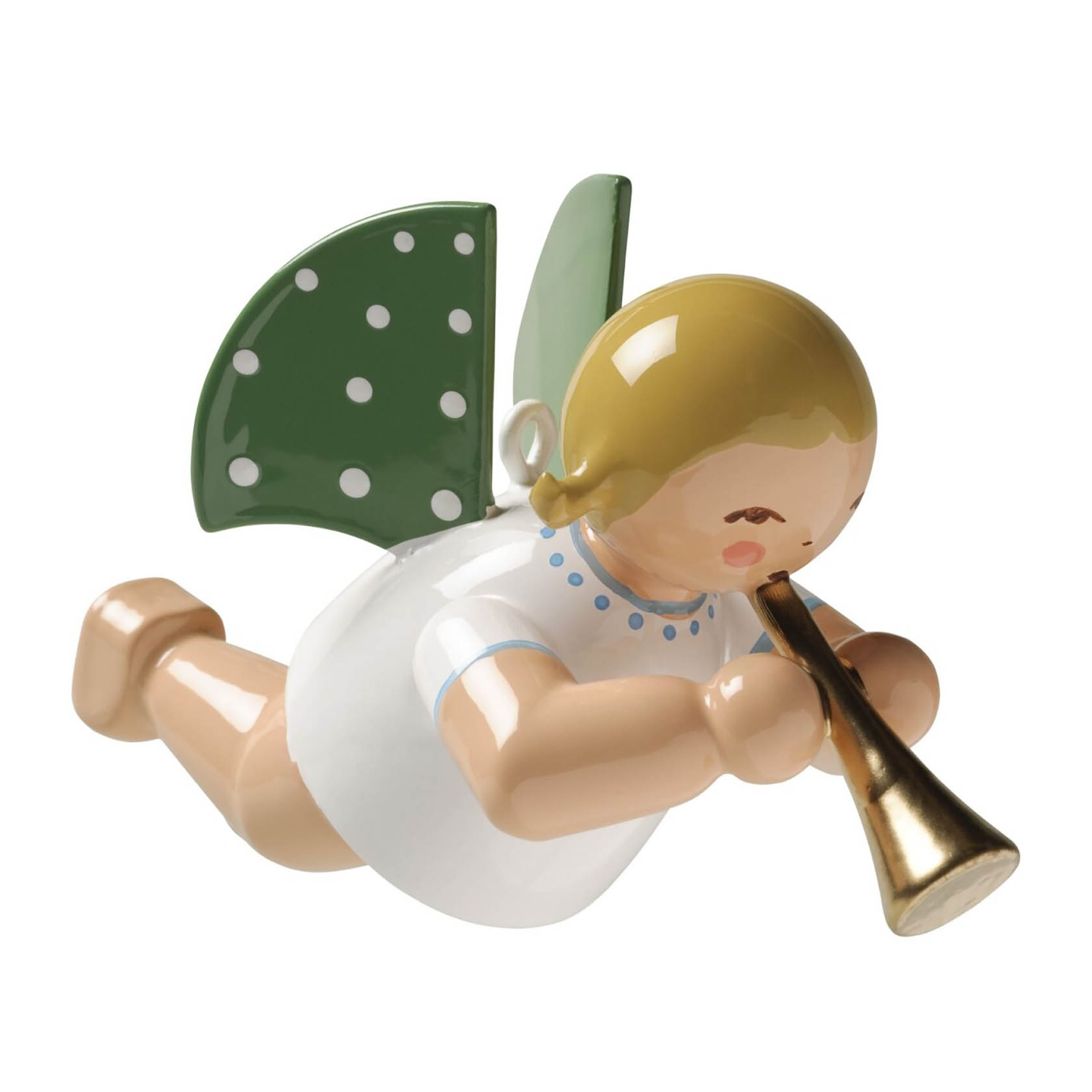 Ein schwebender Engel mit grünen Flügeln und weißen Punkten, der eine goldene Flöte spielt. Der Engel hat blondes Haar und trägt ein weißes Kleid. im Dregeno Online Shop günstig kaufen