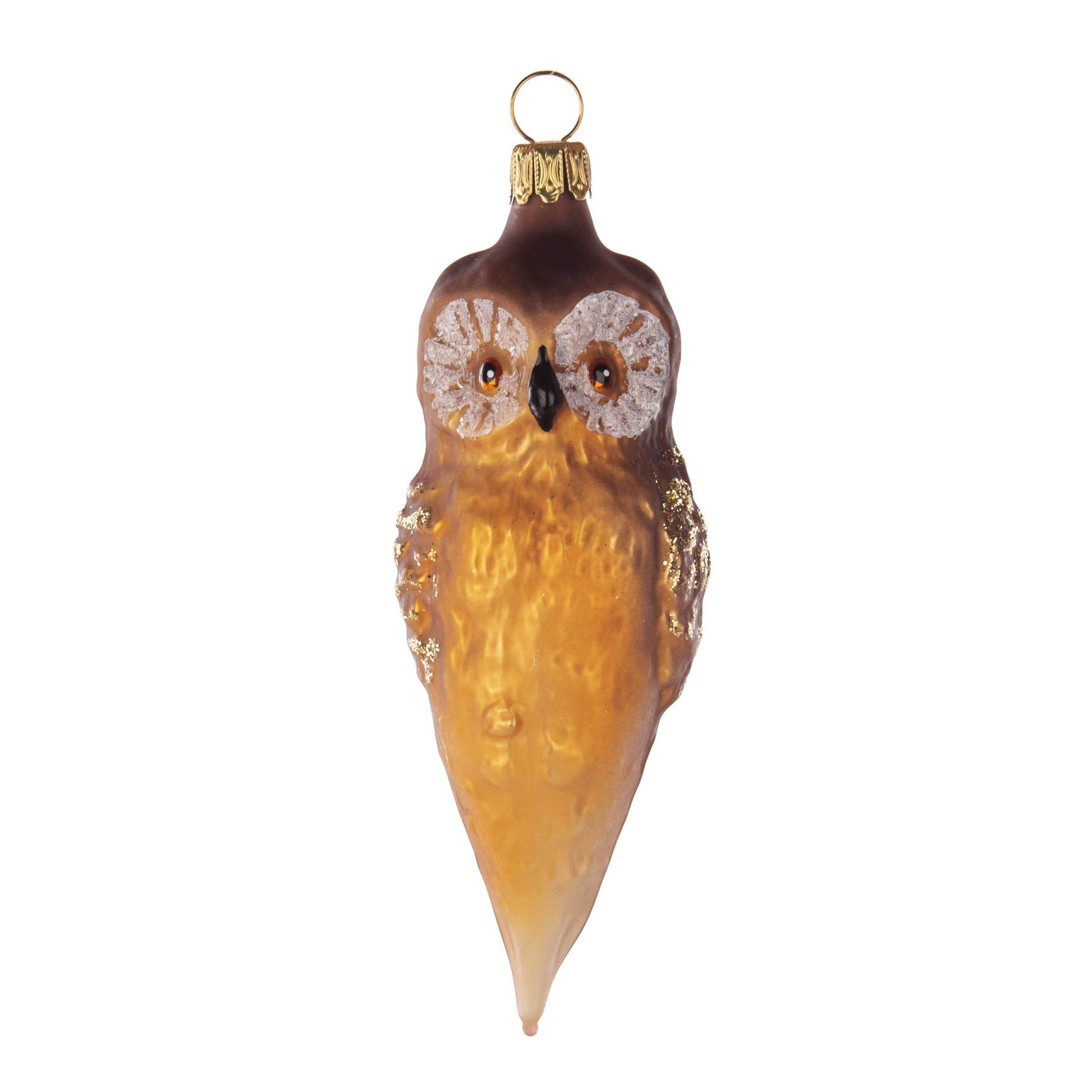 Thüringer Christbaumschmuck in Form einer Eule, mit einem langen Körper, in champagner und braun bemalt. im Dregeno Online Shop günstig kaufen