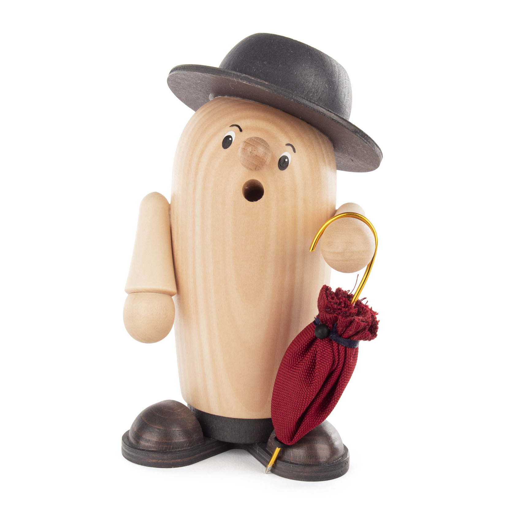 Holzfigur mit Zylinderhut, runder Körper, halbrunde Arme und roten Schirm in der Hand. Mund geöffnet. Räucherfigur namens 'Rudi der Charmeur'. im Dregeno Online Shop günstig kaufen