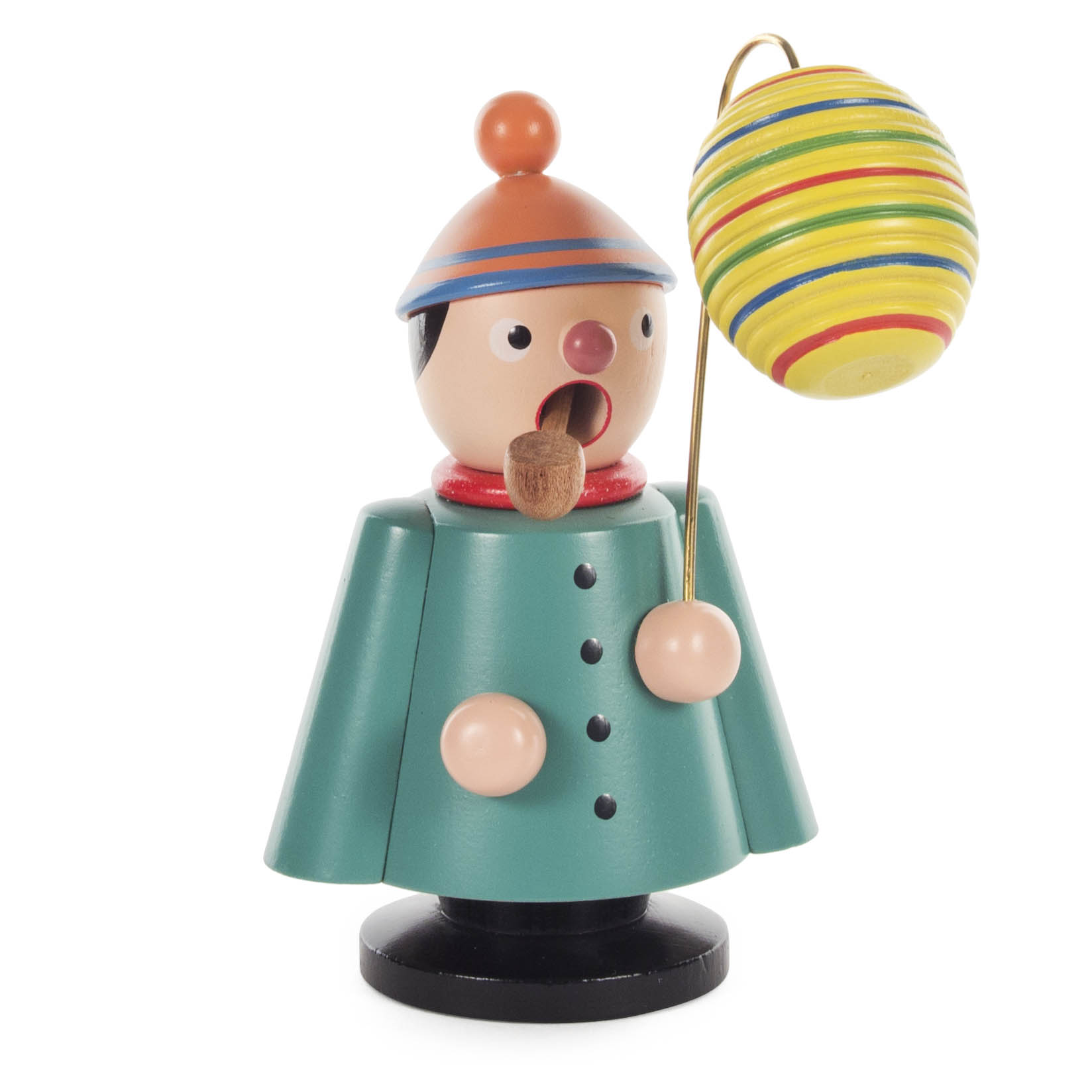 Holzfigur eines Räuchermanns in grüner Jacke und Hut, hält mit einem Arm einen bunten Lampion. im Dregeno Online Shop günstig kaufen