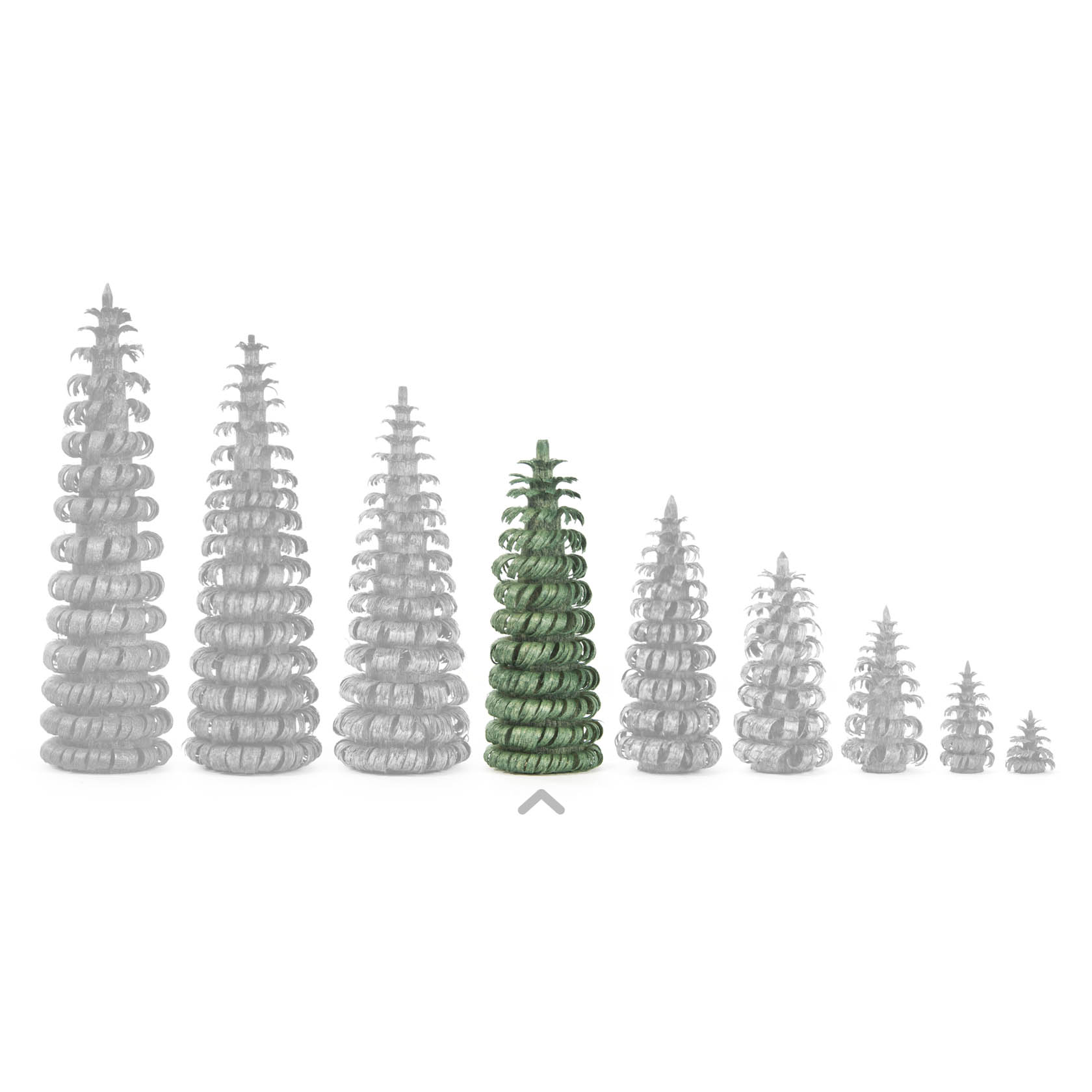Ein Ringelbaum grün, 6 cm hoch, in der Mitte einer Reihe anderer (grauer) Ringelbäume in unterschiedlichen Größen.