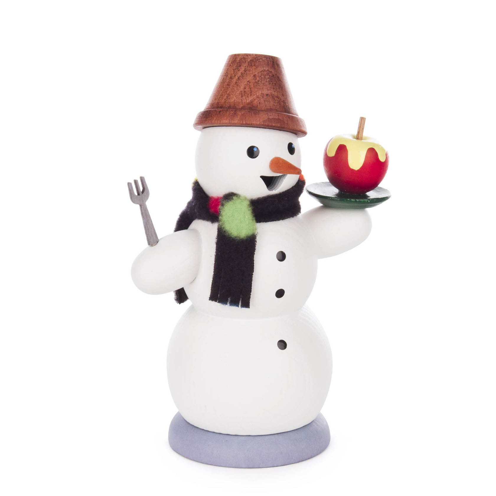 Holzfigur Schneemann mit Hut hält auf einem Teller einen Bratapfel, trägt Schal und hält eine Gabel. im Dregeno Online Shop günstig kaufen