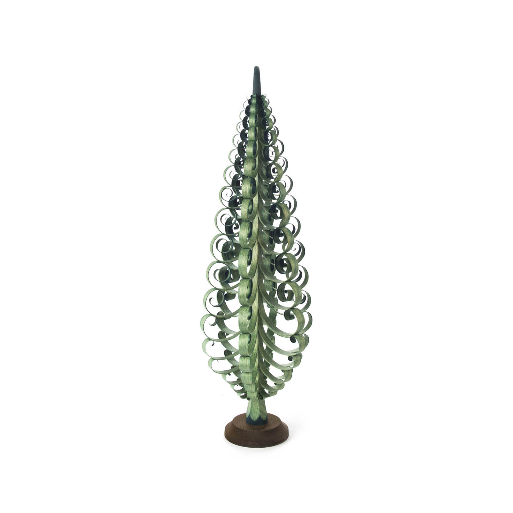Grüner Spanbaum mit spiralförmig geschnitzten Zweigen, ca. 50 cm hoch, auf einem runden Holzsockel stehend. im Dregeno Online Shop günstig kaufen