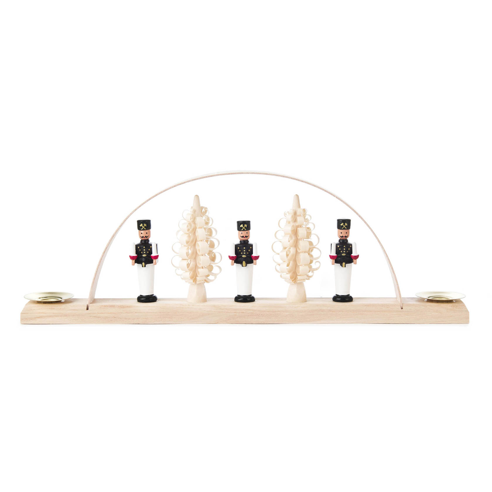 Holzschwibbogen mit 3 Bergmännern und 2 dekorativen Bäumen, ausgestattet mit Kerzenhaltern für Kerzen mit 10mm Durchmesser. im Dregeno Online Shop günstig kaufen