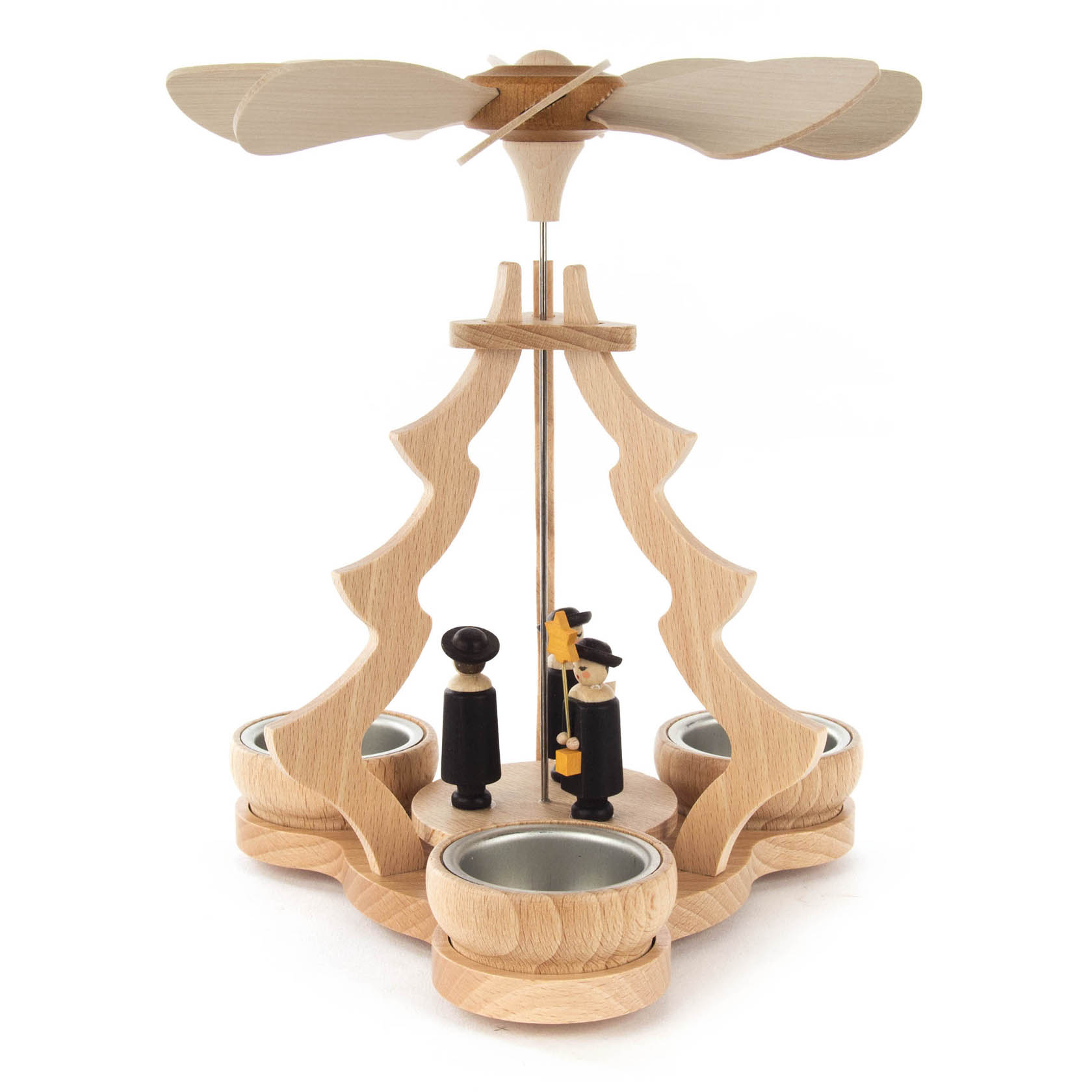 Holzpyramide in Form eines Weihnachtsbaums mit vier Teelicht-Haltern und zwei handgeschnitzten Kurrende-Figuren im Inneren. im Dregeno Online Shop günstig kaufen