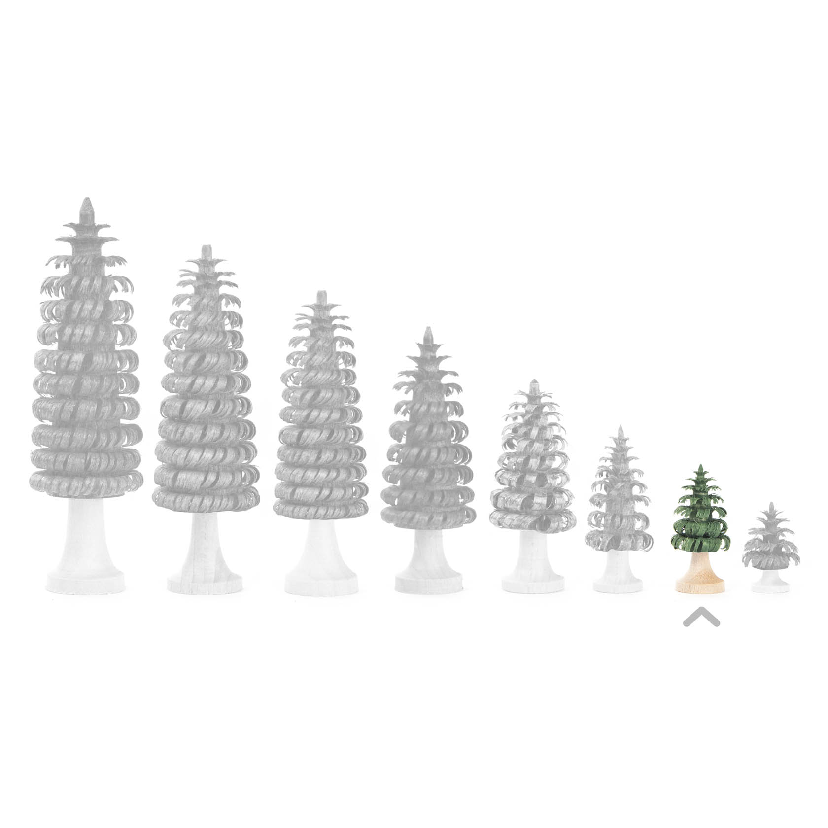 Kleiner Ringelbaum mit grünen Ringeln auf einem kurzen, natürlichen Stamm, Teil eines Sets mit abgestuften Größen.