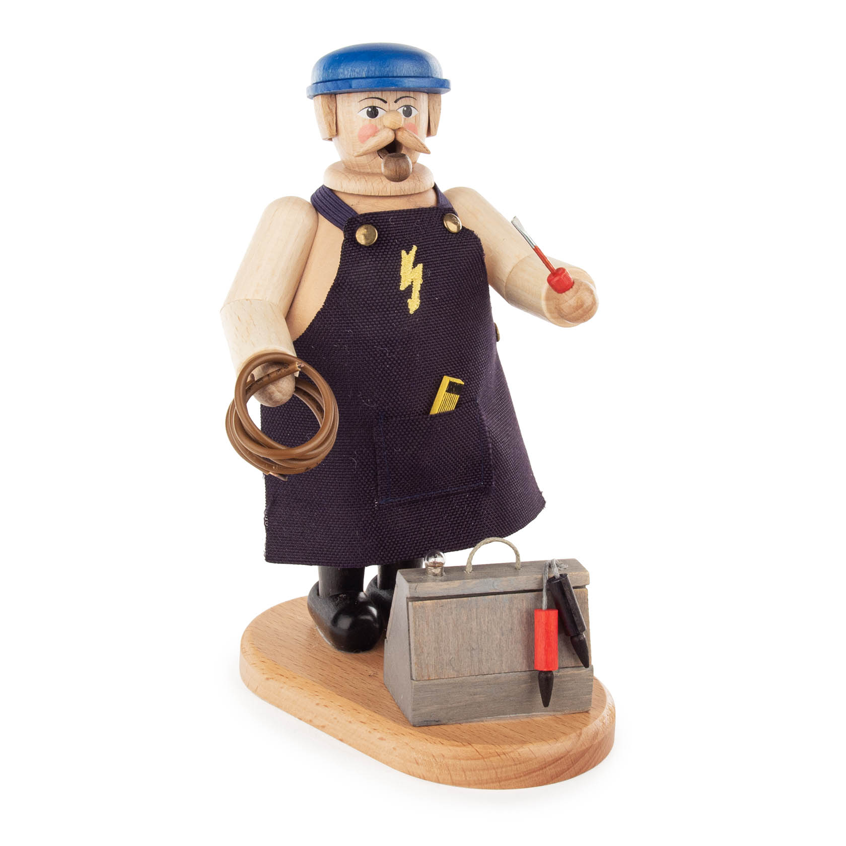 Holzfigur eines Elektrikers mit blauem Helm, dunkler Schürze und Werkzeugkasten. Er trägt ein Kabel in einer Hand und einen Schraubendreher in der anderen. im Dregeno Online Shop günstig kaufen