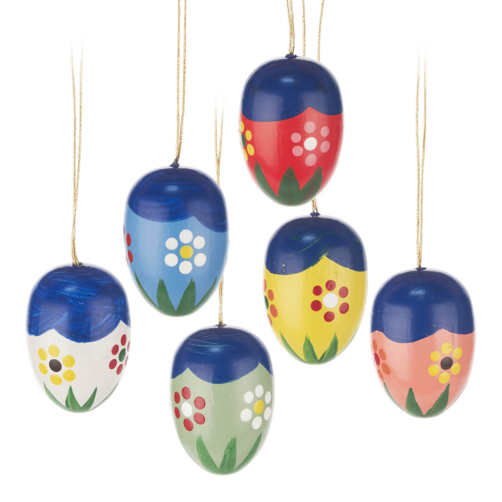 Sechs bemalte Ostereier mit Blumenmuster, in den Farben Rot, Gelb, Grün und Blau, aufgehängt an goldenen Fäden. im Dregeno Online Shop günstig kaufen