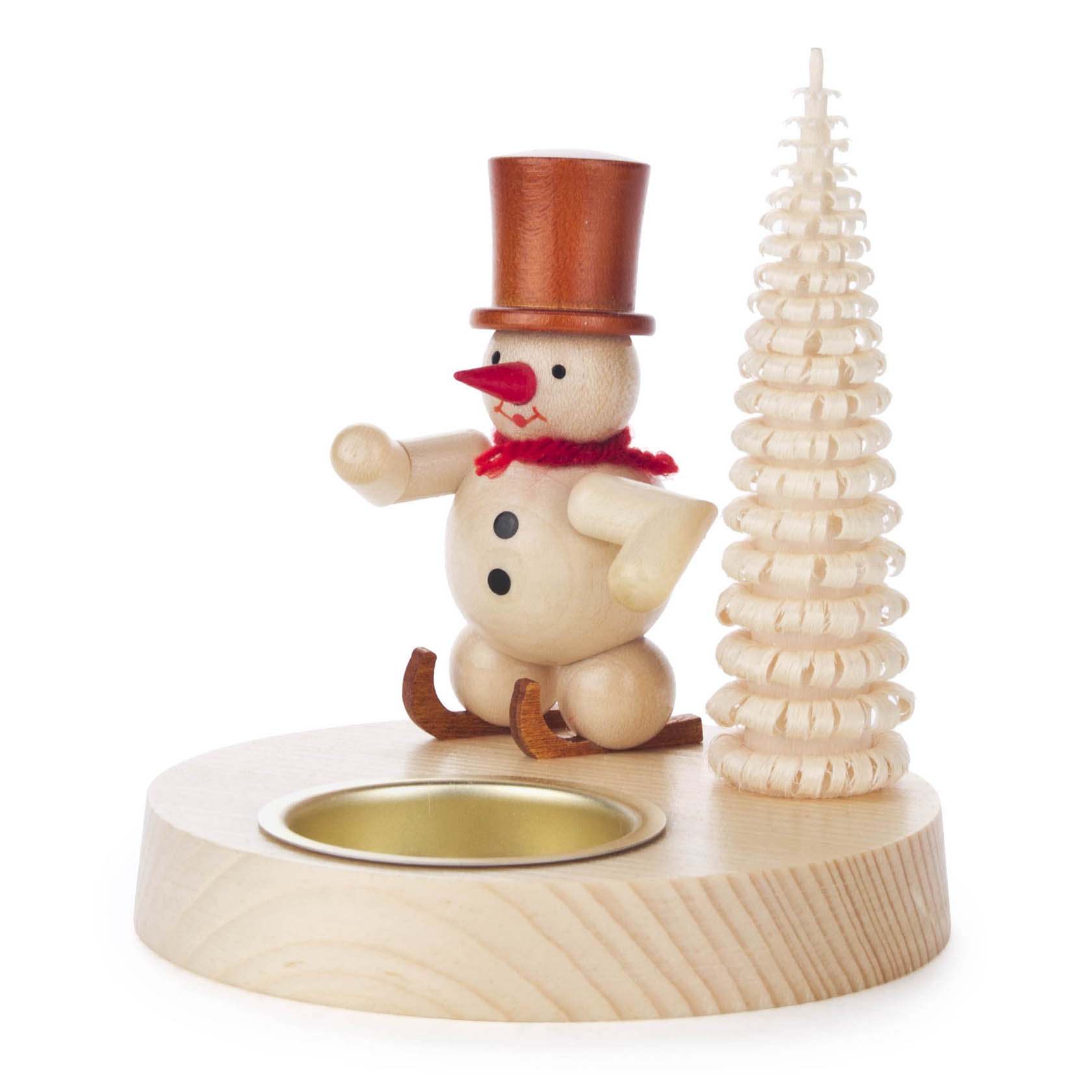 Holz-Teelichthalter mit einem Schneemann auf Schlittschuhen neben einem kunstvoll geschnitzten Baum. im Dregeno Online Shop günstig kaufen