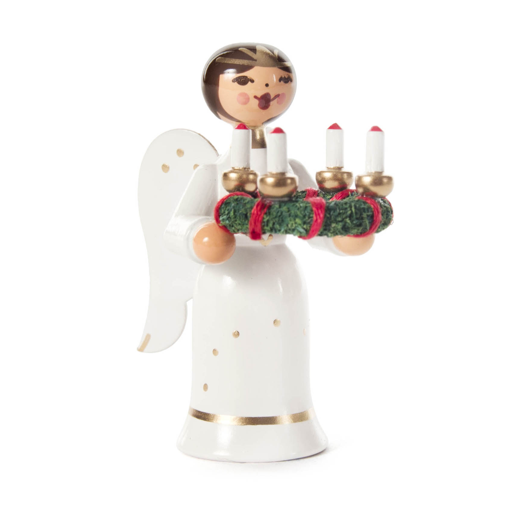 Eine Miniaturfigur eines Engels, der einen Adventskranz mit vier Kerzen hält. Der Engel hat Flügel und trägt ein weißes Gewand. im Dregeno Online Shop günstig kaufen