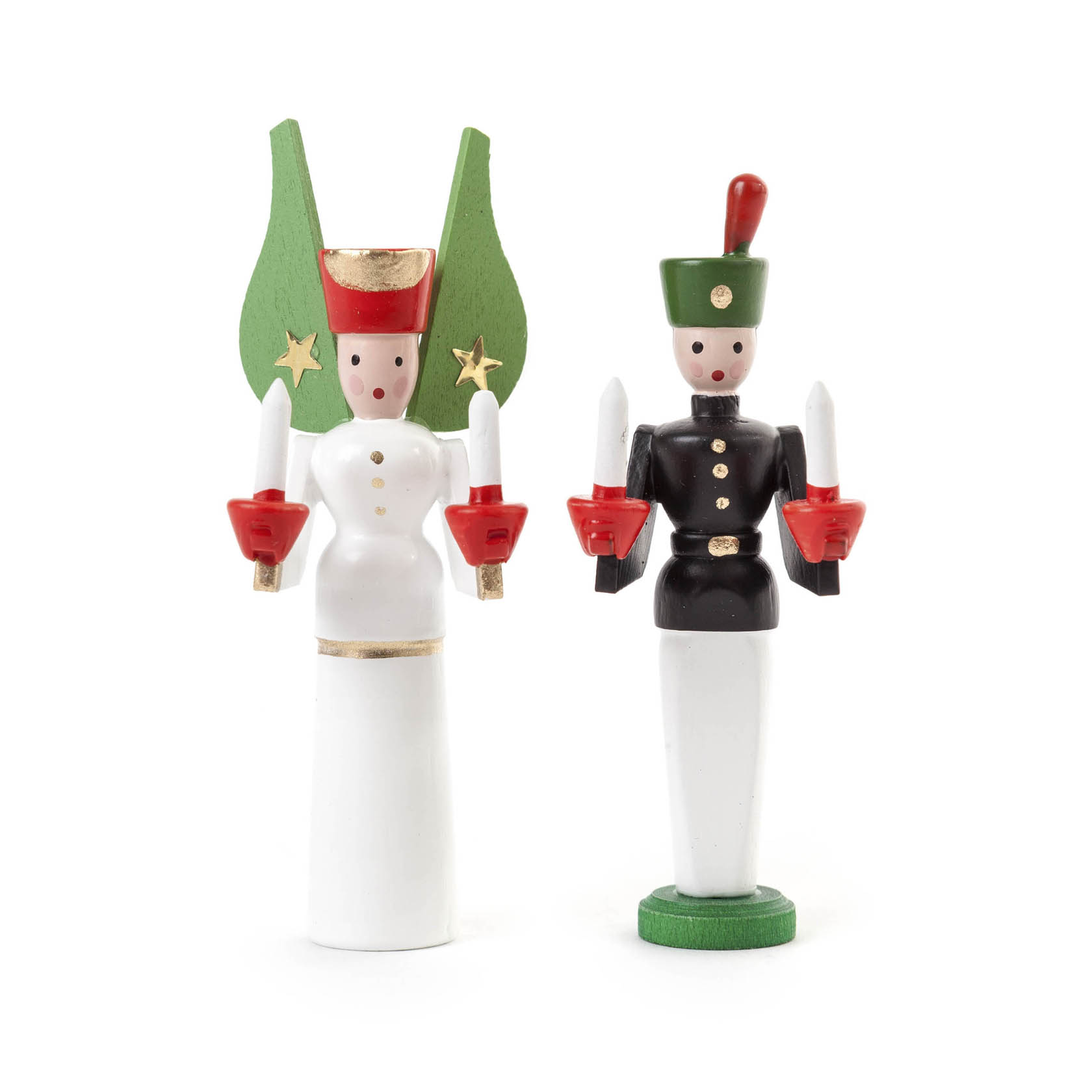 Zwei Miniaturfiguren: ein Engel mit grünen Flügeln und zwei Kerzen, und ein Bergmann in schwarzer Uniform mit Kerzenhaltern, beide mit roten Details. im Dregeno Online Shop günstig kaufen
