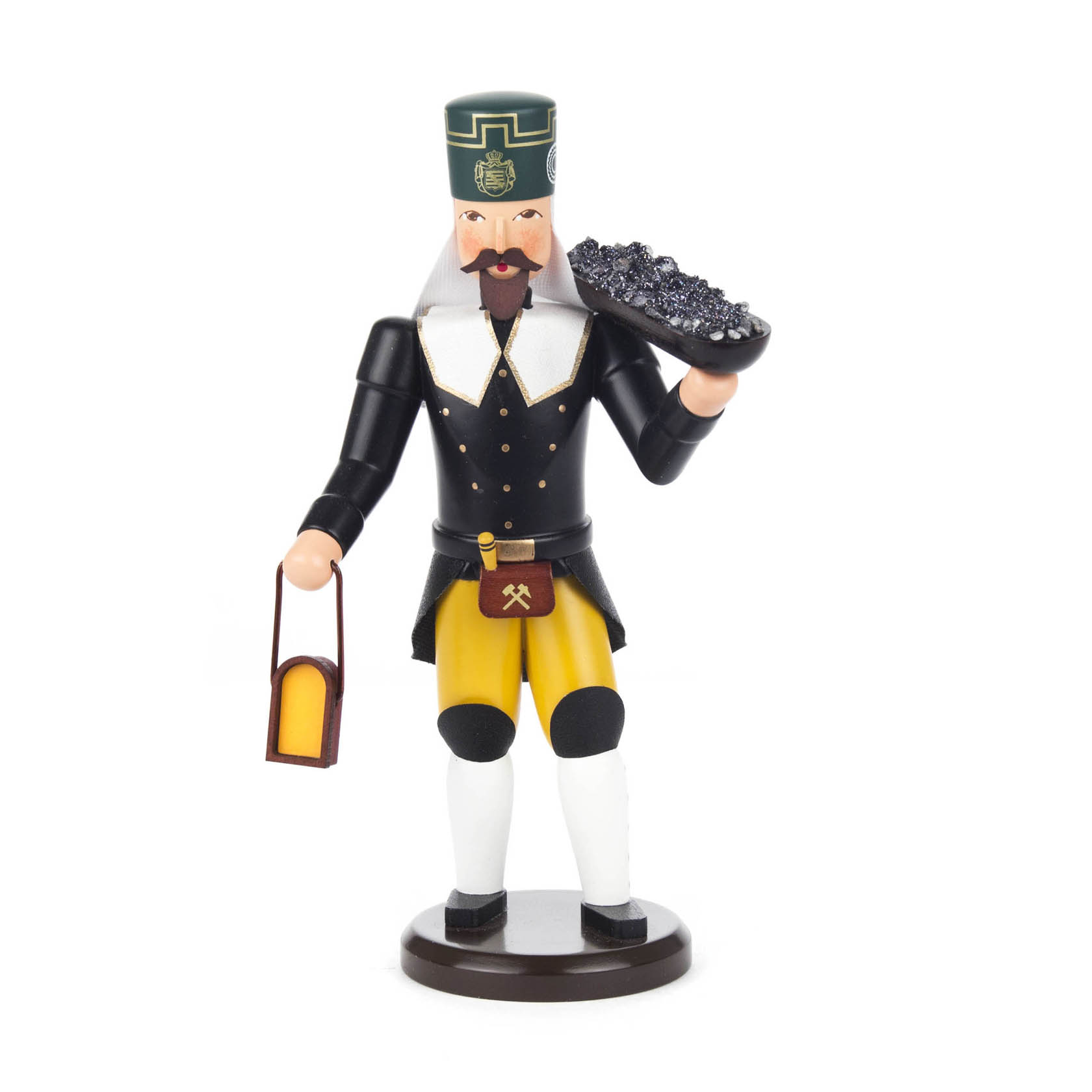 Holzfigur eines Bergmanns in traditioneller Kleidung mit schwarzem Hut und Bart, der Erz in der rechten Hand und eine Laterne in der linken Hand hält. im Dregeno Online Shop günstig kaufen