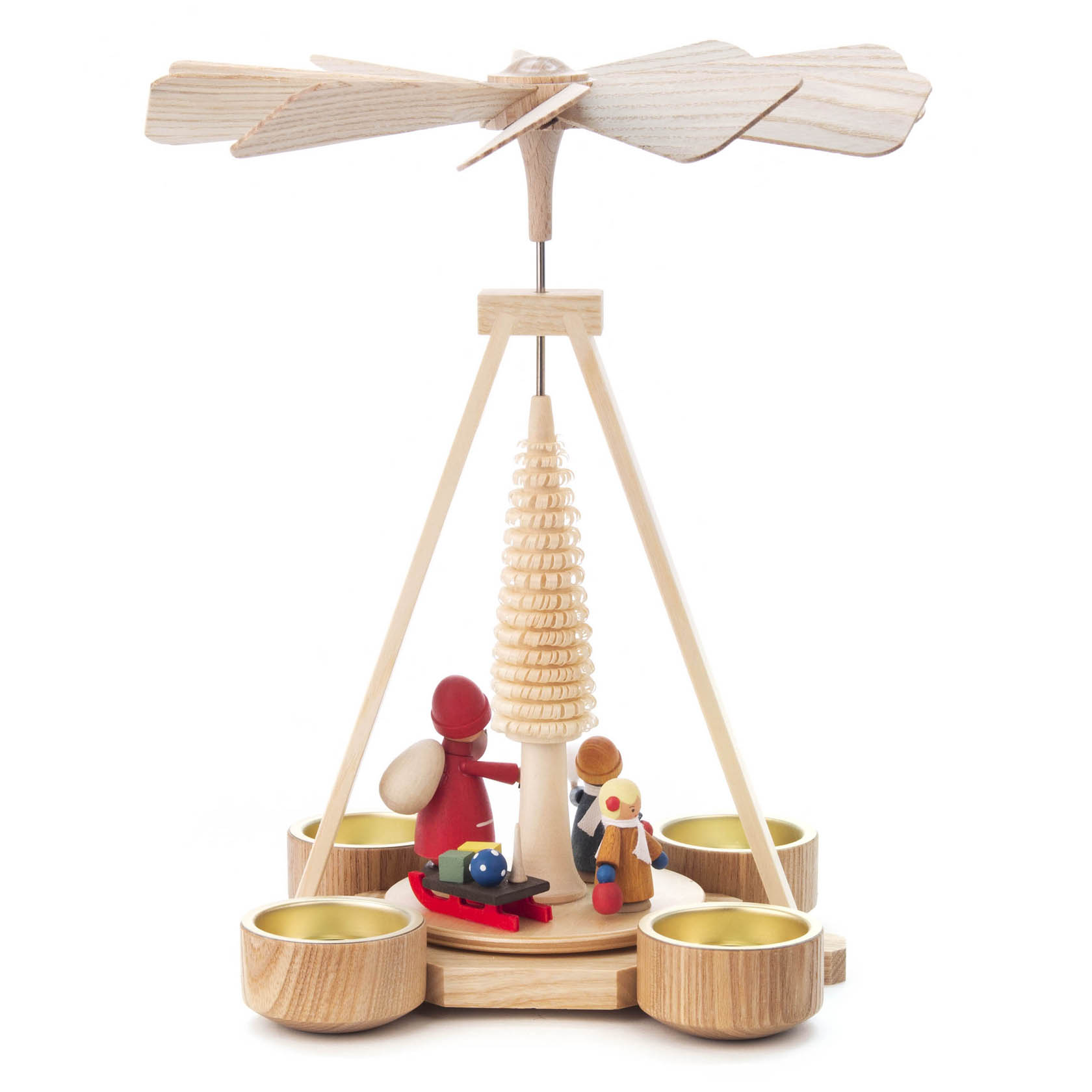 Holzpyramide mit Ruprecht, Kindern, Schlitten und Teelichthaltern, besteht aus Holz und hat einen drehbaren Propeller oben.