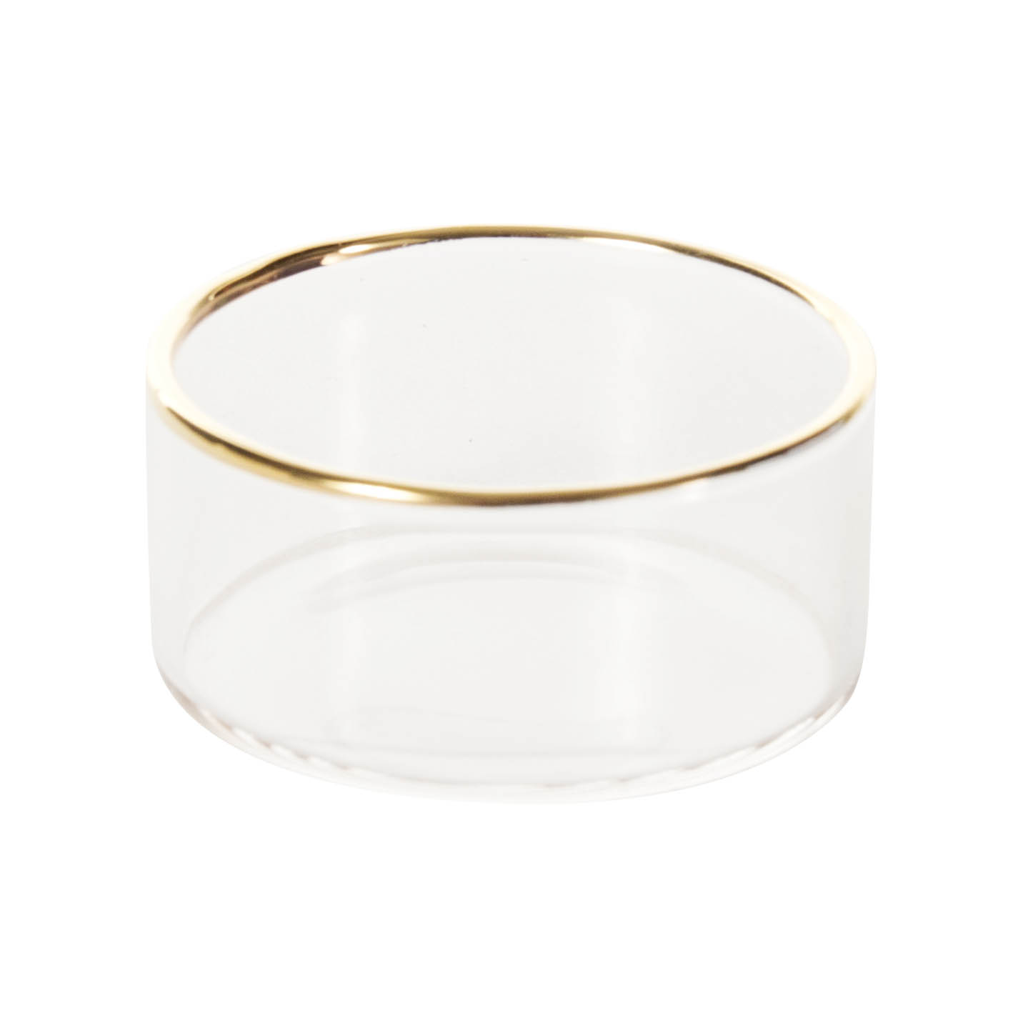 Ein klarer Glas-Teelichthalter mit einem eleganten Goldrand am oberen Rand. im Dregeno Online Shop günstig kaufen