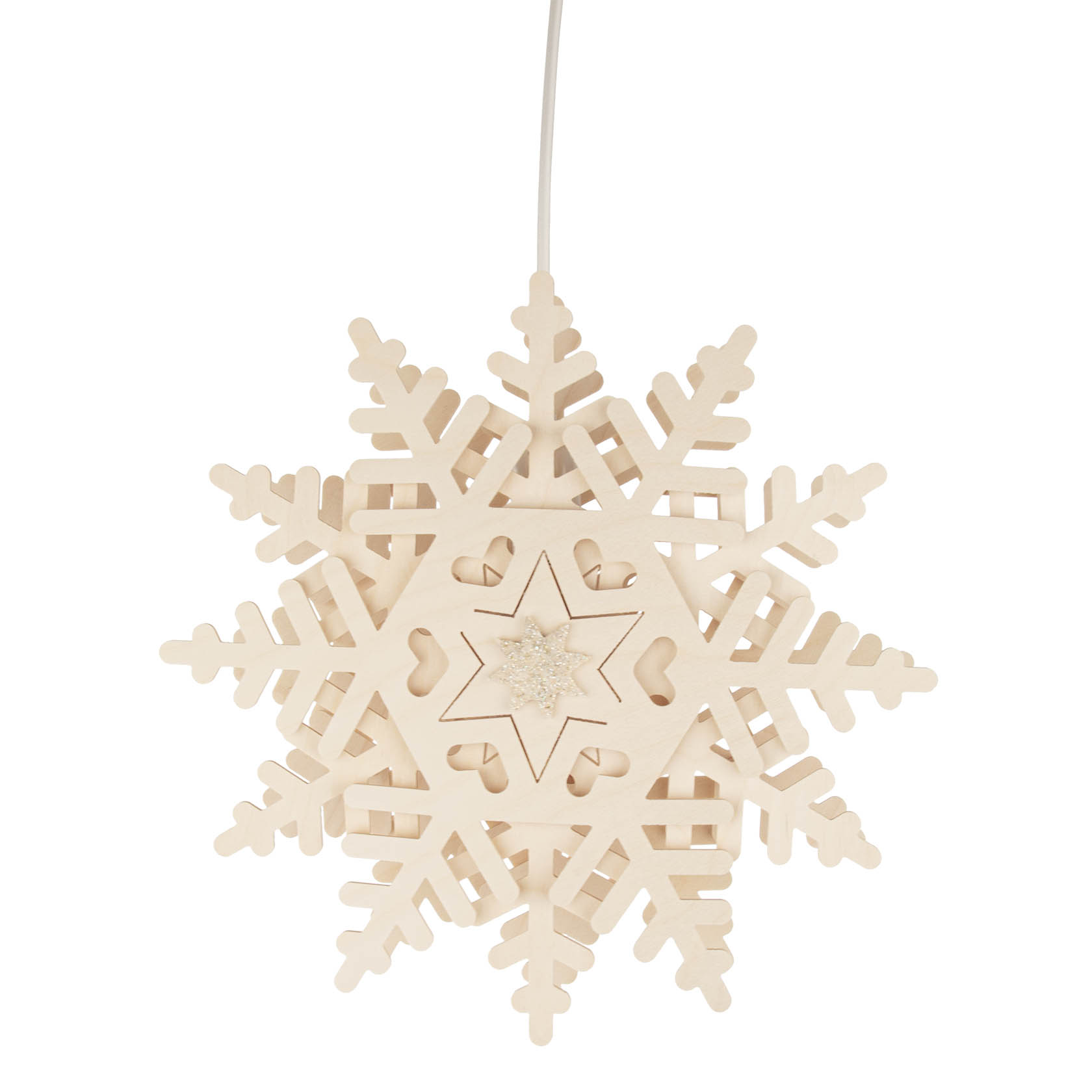Ein Fensterbild in Form eines Schneekristalls aus hellem Holz, verziert mit einem Stern in der Mitte. Es ist mit elektrischer Beleuchtung ausgestattet. im Dregeno Online Shop günstig kaufen