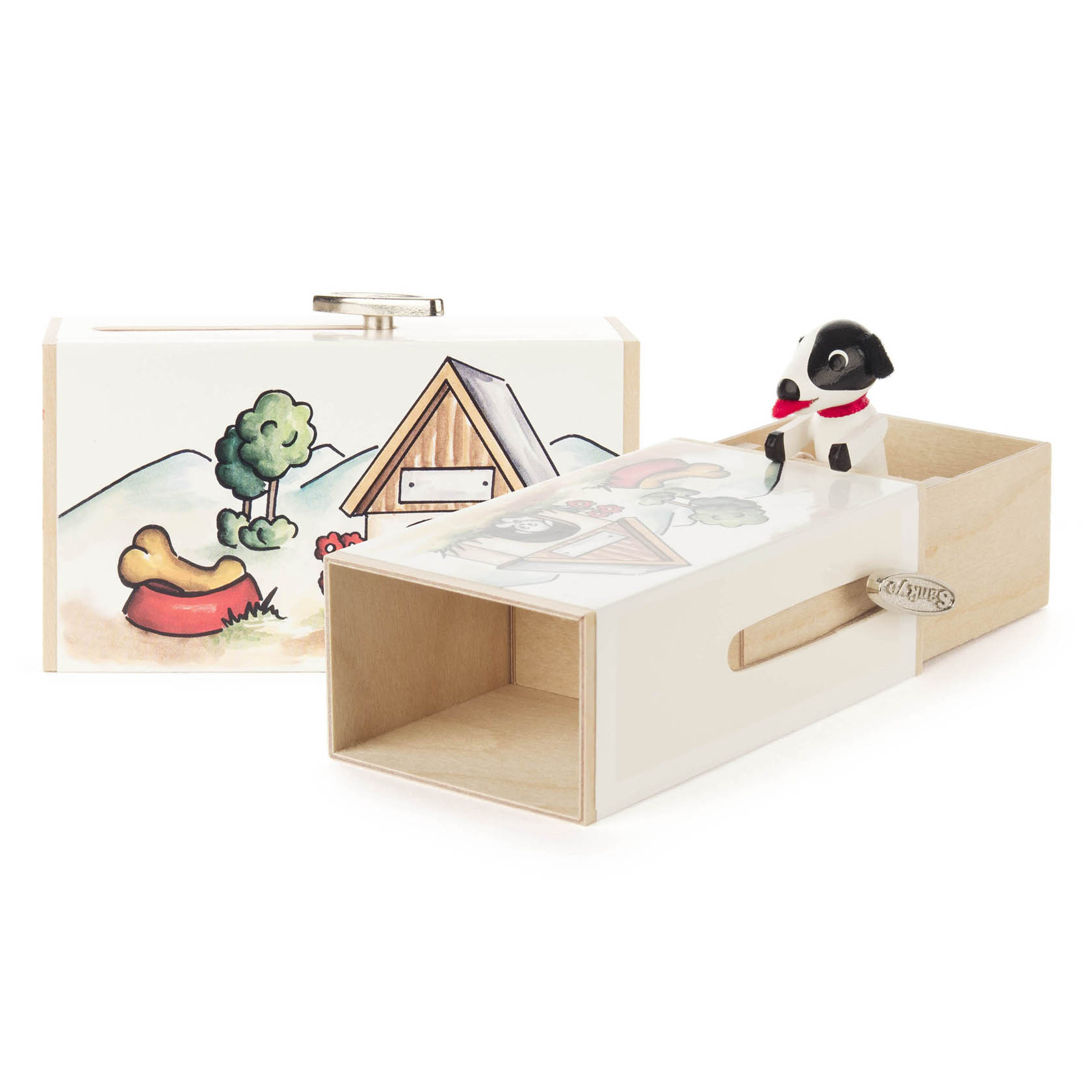 Holz-Schiebebox mit Hunde-Motiv, in der ein kleiner Hund aus der Box auf einem Schlitten sitzt. Vor der Box ist ein weiteres Motiv von einem Hundekorb. im Dregeno Online Shop günstig kaufen