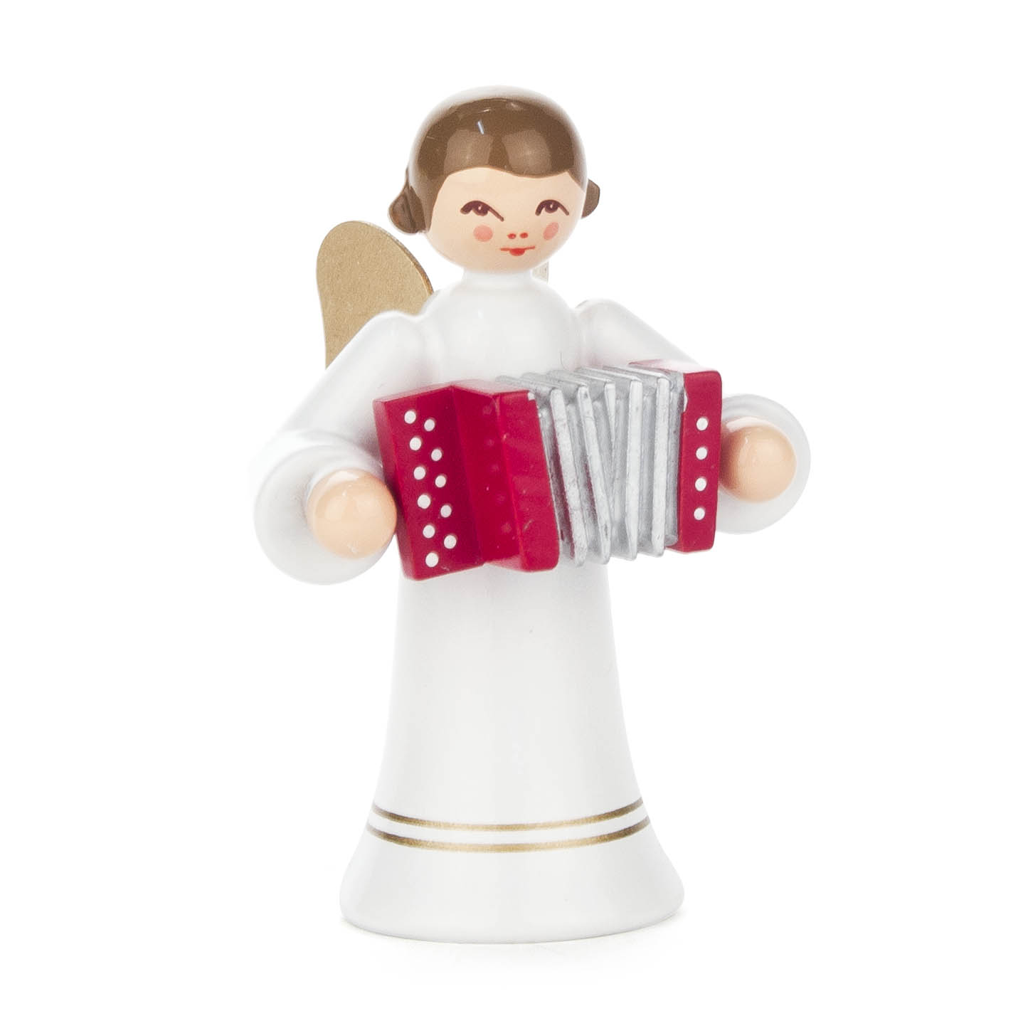 Engelsfigur mit goldenen Flügeln, hält eine rote Harmonika in beiden Händen und trägt ein langes weißes Kleid mit goldenem Saum. im Dregeno Online Shop günstig kaufen