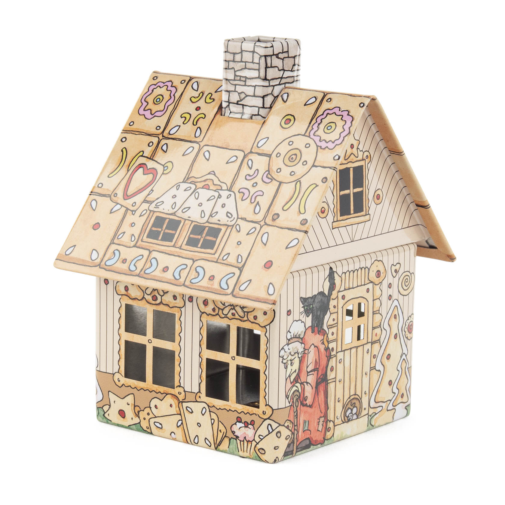 Ein metallisches Räucherhaus in Form eines mit Süßigkeiten verzierten Knusperhauses. Ein Schornstein ragt aus dem Dach, und eine Hexenfigur mit einem Kind ist auf der Seite zu sehen. im Dregeno Online Shop günstig kaufen