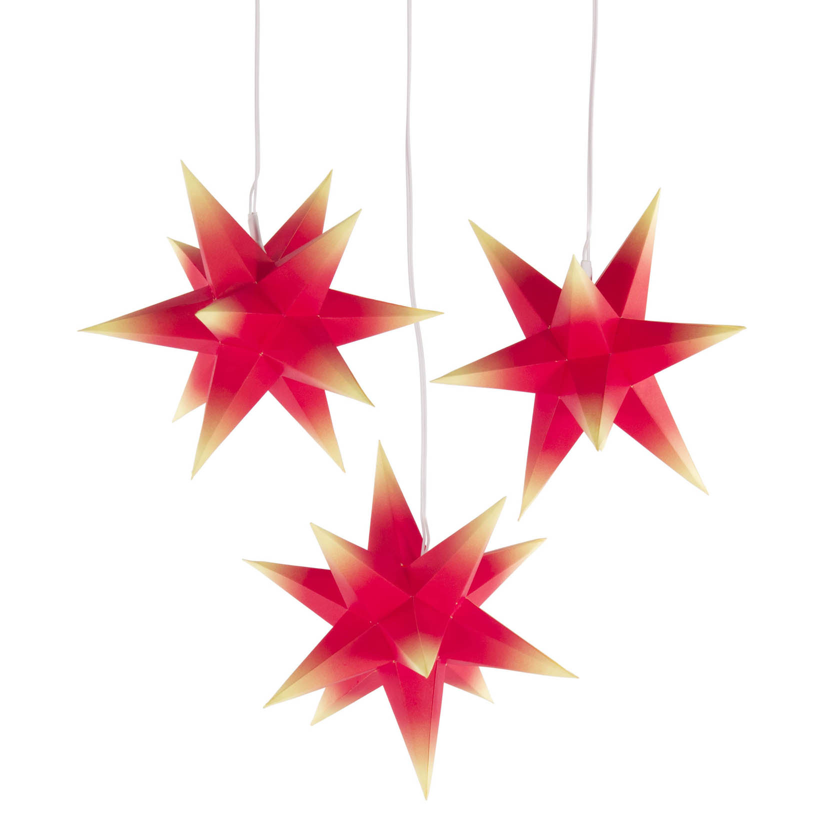Drei rot-gelbe Mini-Adventssterne mit elektrischer Beleuchtung hängen nebeneinander. Die Spitzen sind gelb, während der Hauptkörper rot ist. im Dregeno Online Shop günstig kaufen