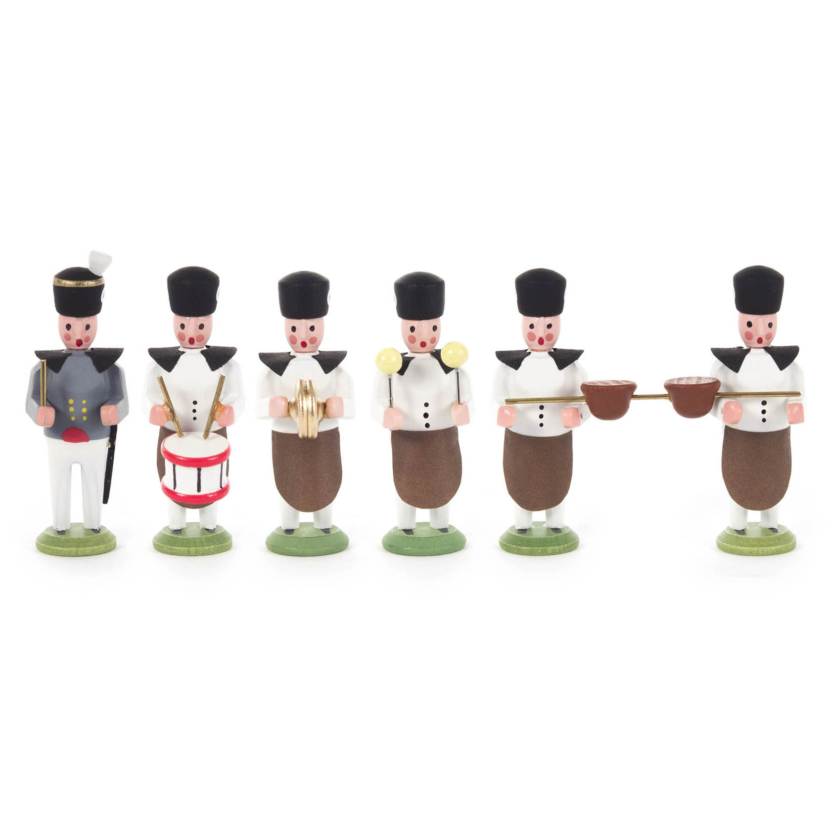 Sechs Miniaturfiguren von Bergmännern tragen traditionelle Uniformen. Einer hält eine Fahne, andere spielen Musikinstrumente wie Trommel und Becken. im Dregeno Online Shop günstig kaufen