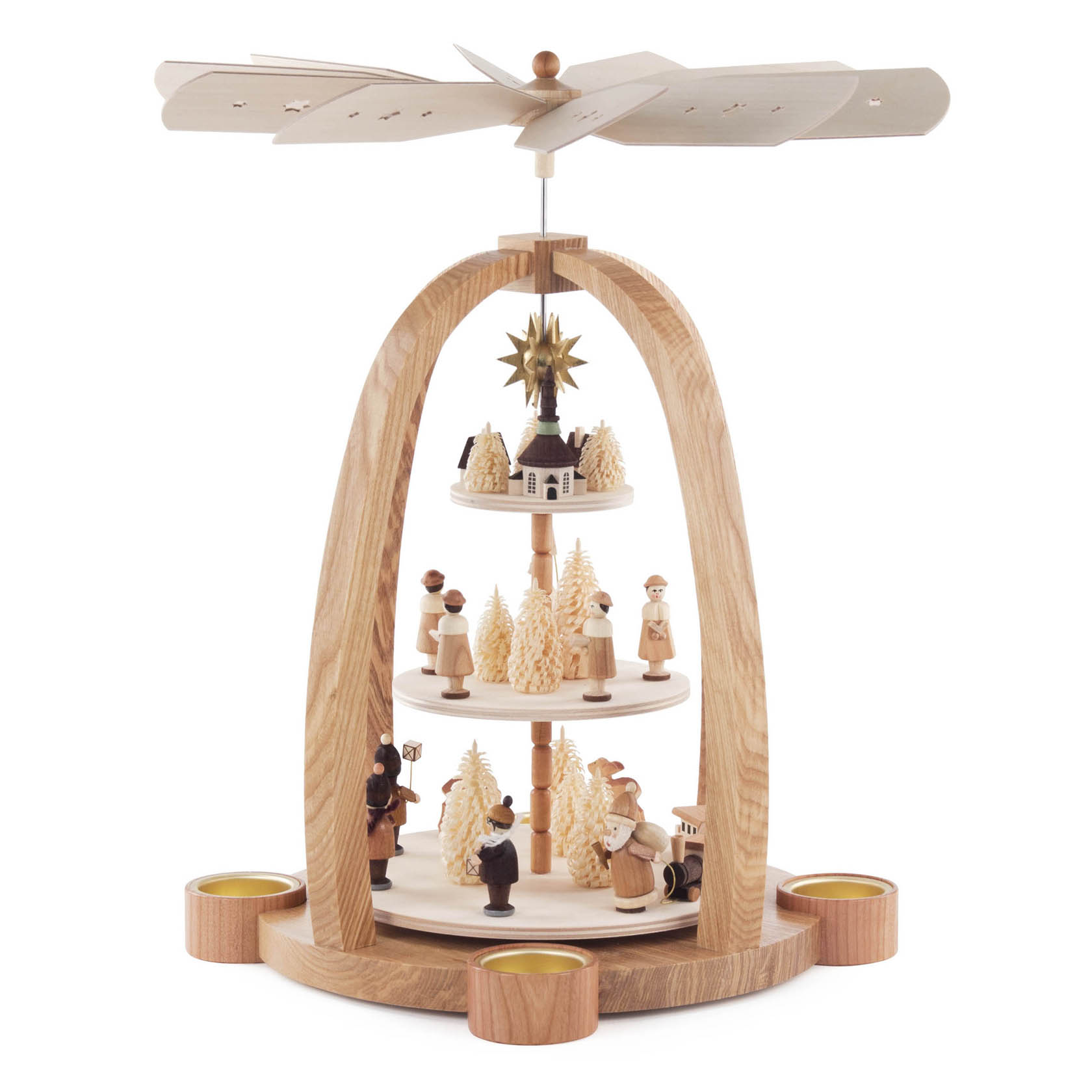 Dreistöckige Seiffener Weihnachtspyramide aus hellem Holz mit Figuren und Teelichthalter. Oben Flügelrad, unten drei Kerzenhalter. im Dregeno Online Shop günstig kaufen
